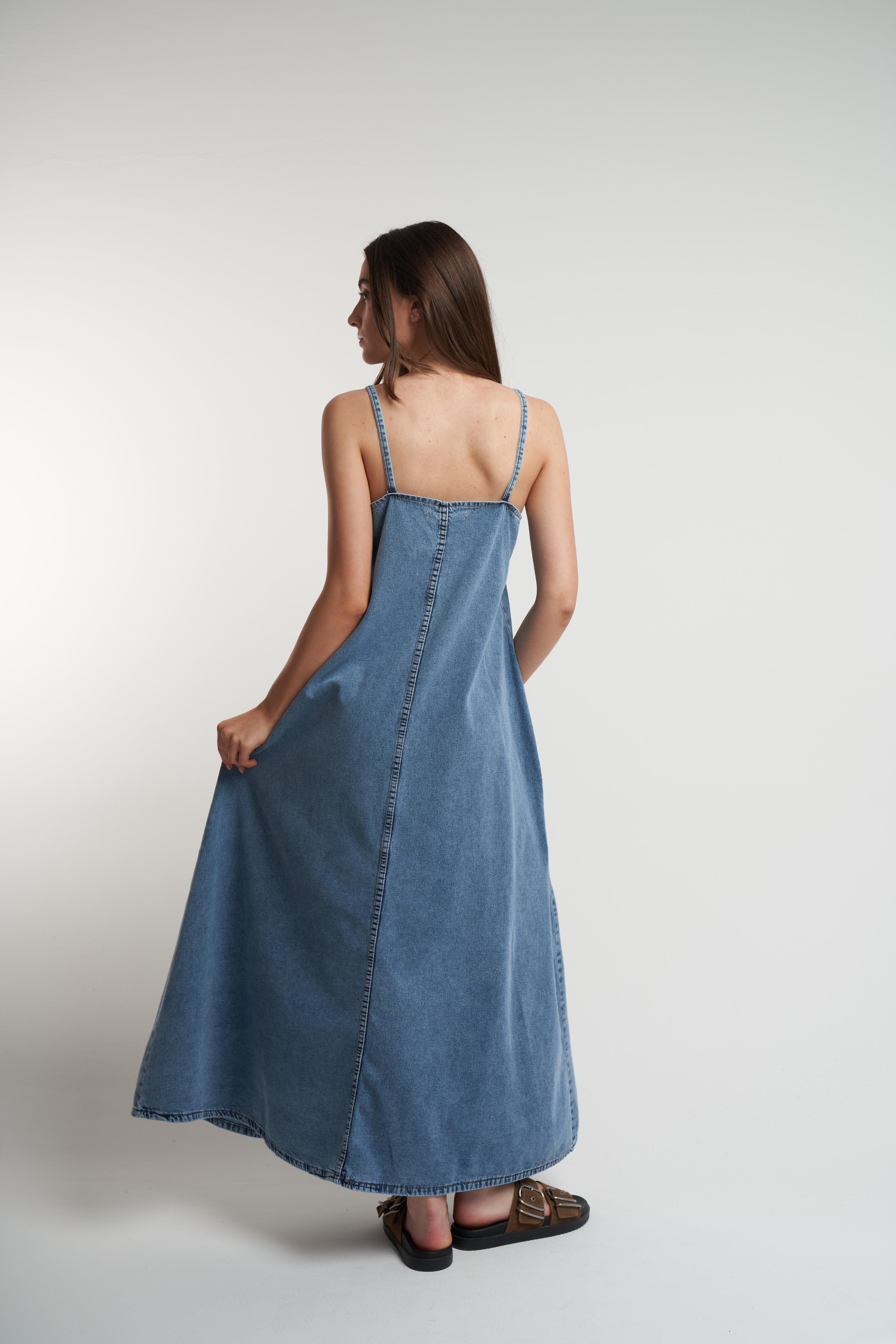 Askılı Denim Uzun Elbise Mavi