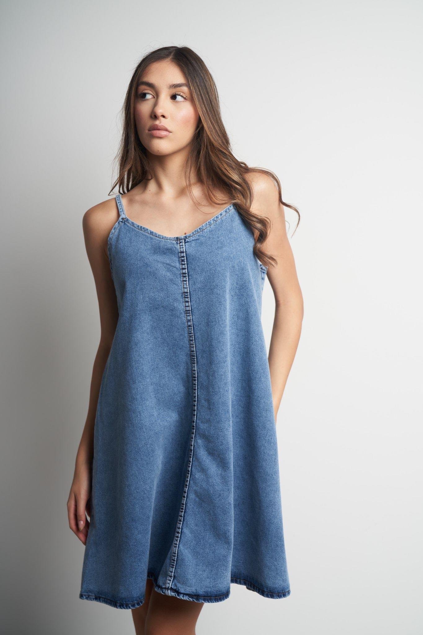 Askılı Denim Uzun Elbise Mavi