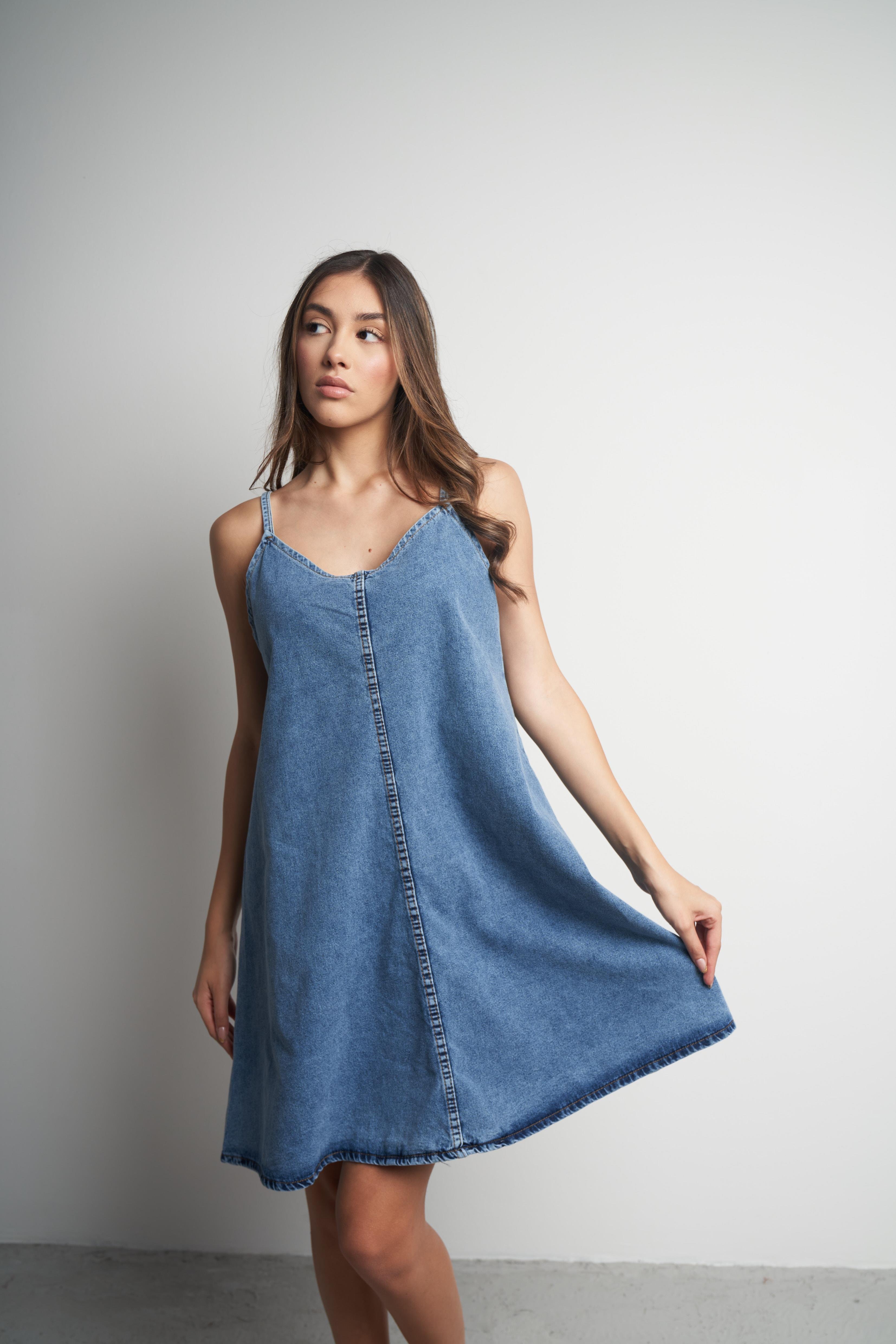 Askılı Denim Uzun Elbise Mavi