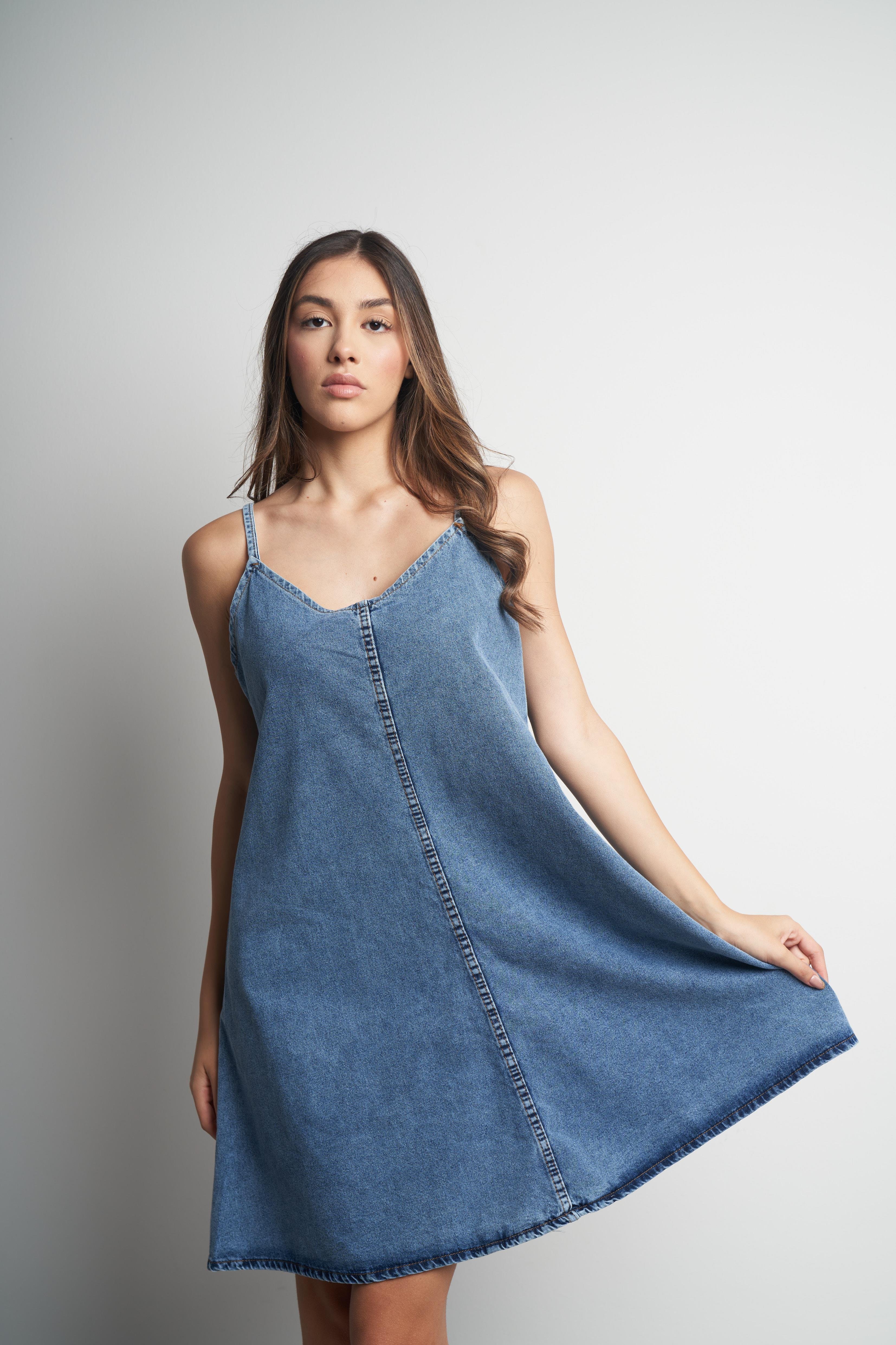 Askılı Denim Uzun Elbise Mavi