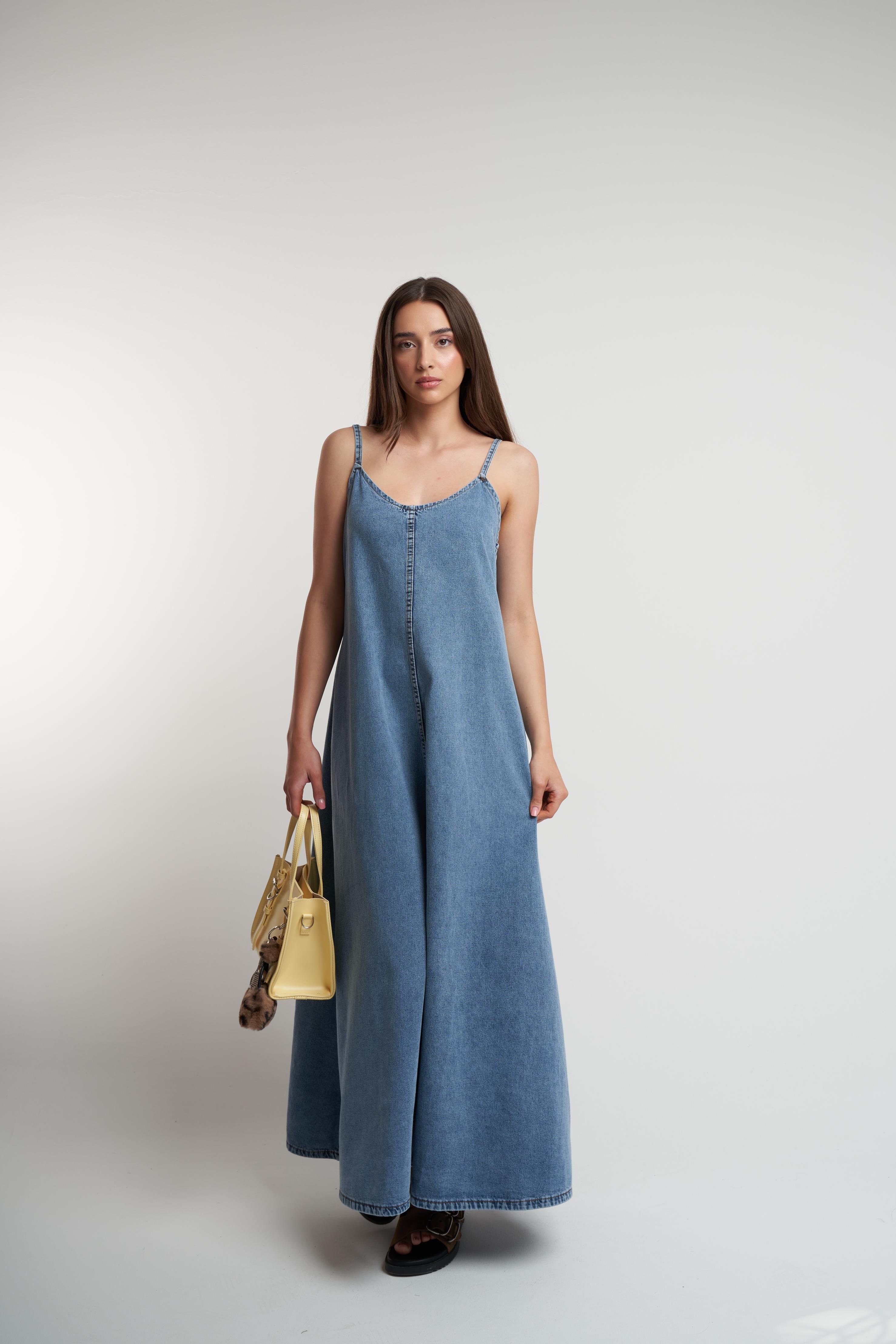 Askılı Denim Uzun Elbise Mavi