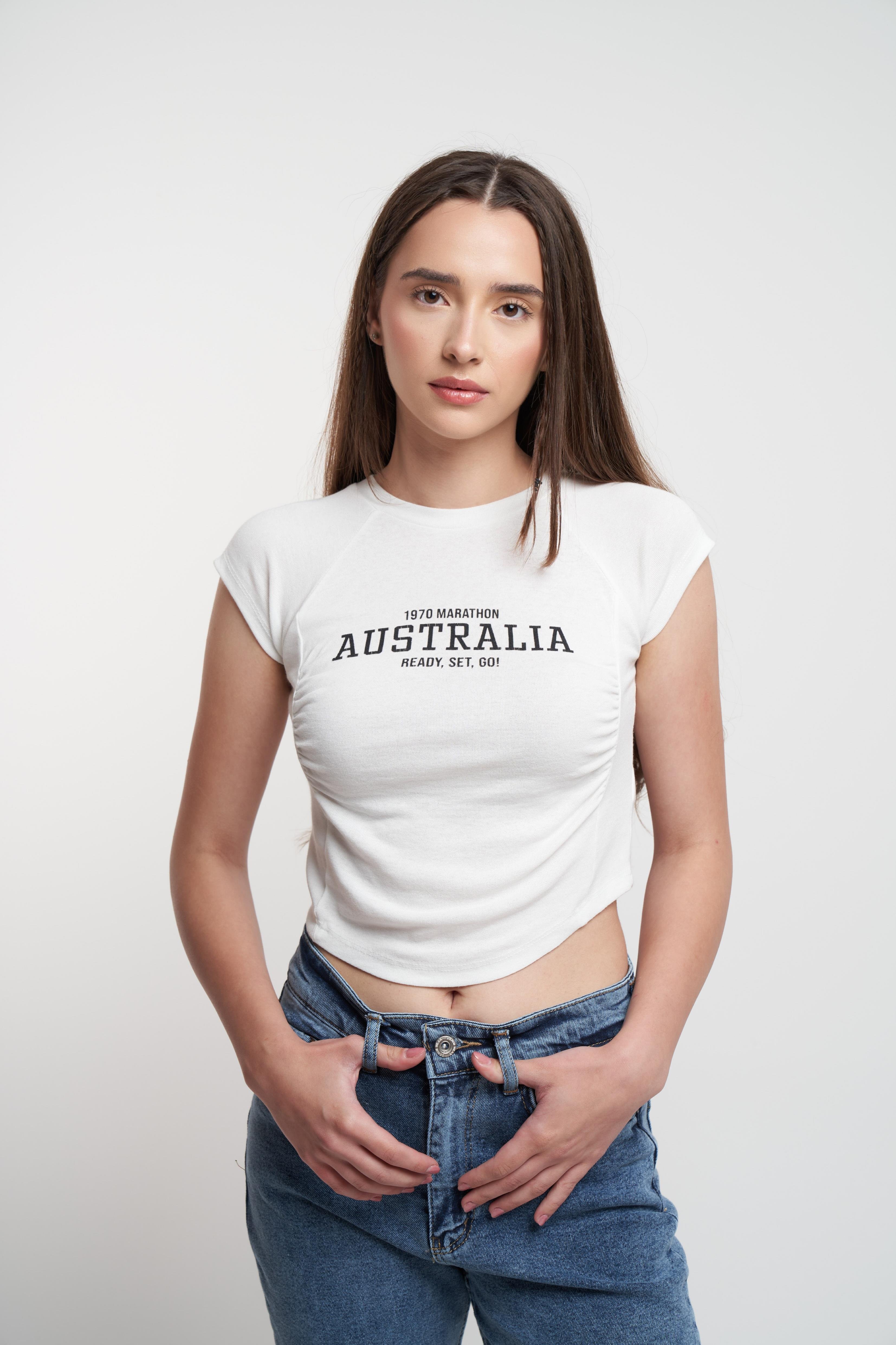 Australia Yazı Baskılı Ribana Bluz Ekru