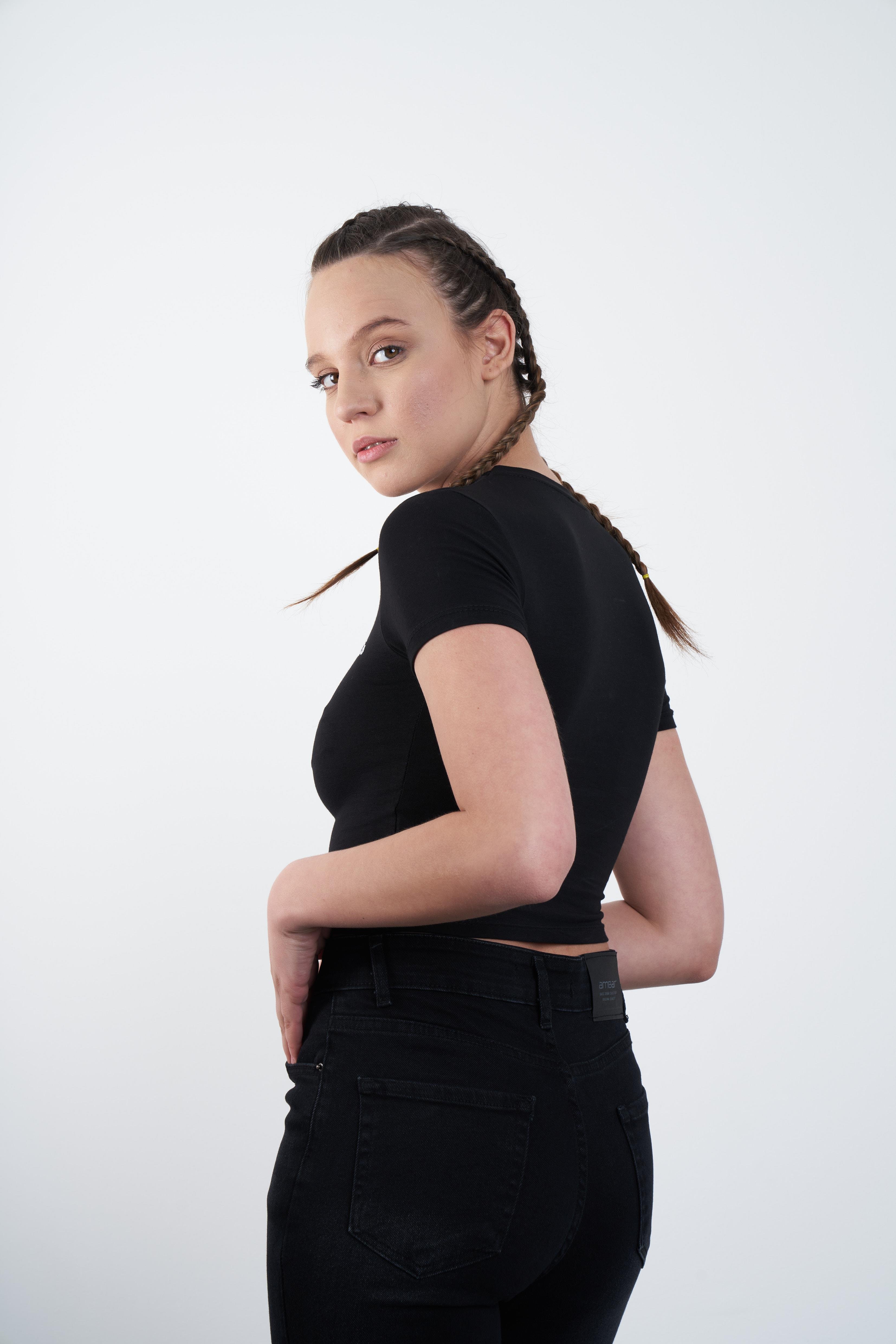 Ayı Nakış Baskılı Kısa T-shirt Siyah