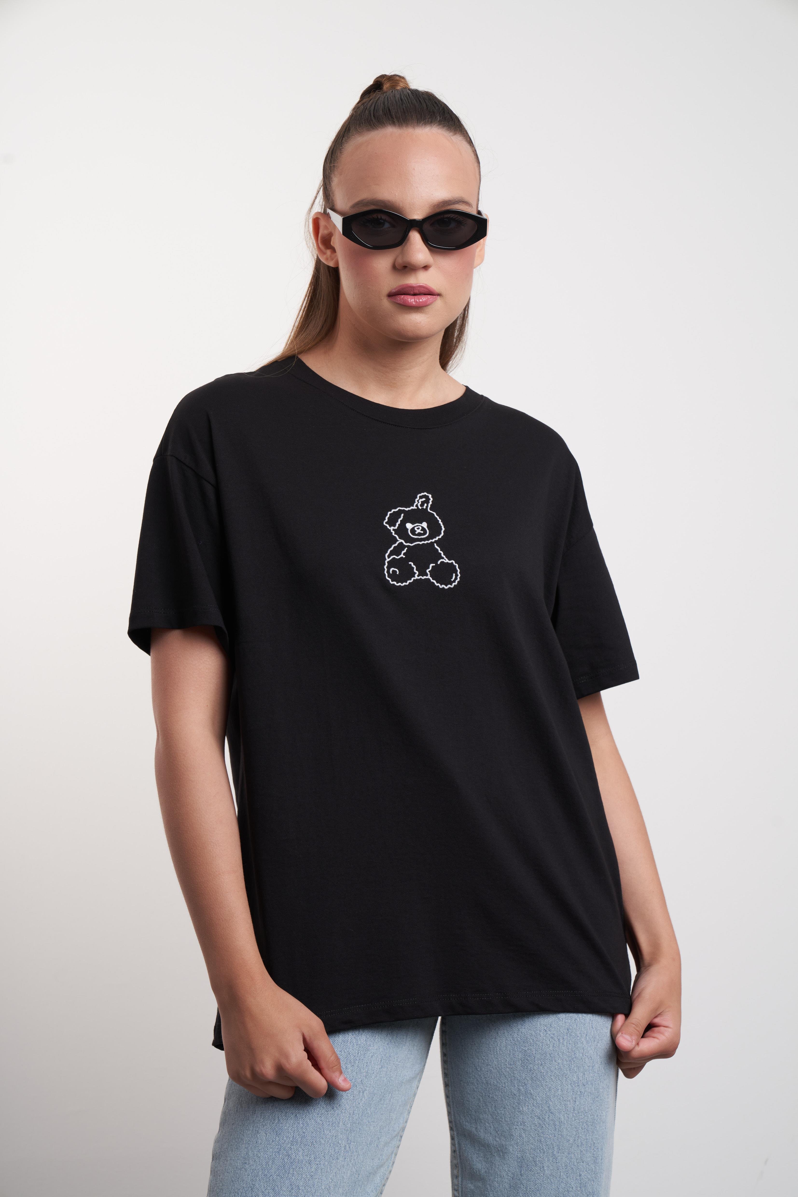 Ayı Nakış Baskılı T-shirt Siyah