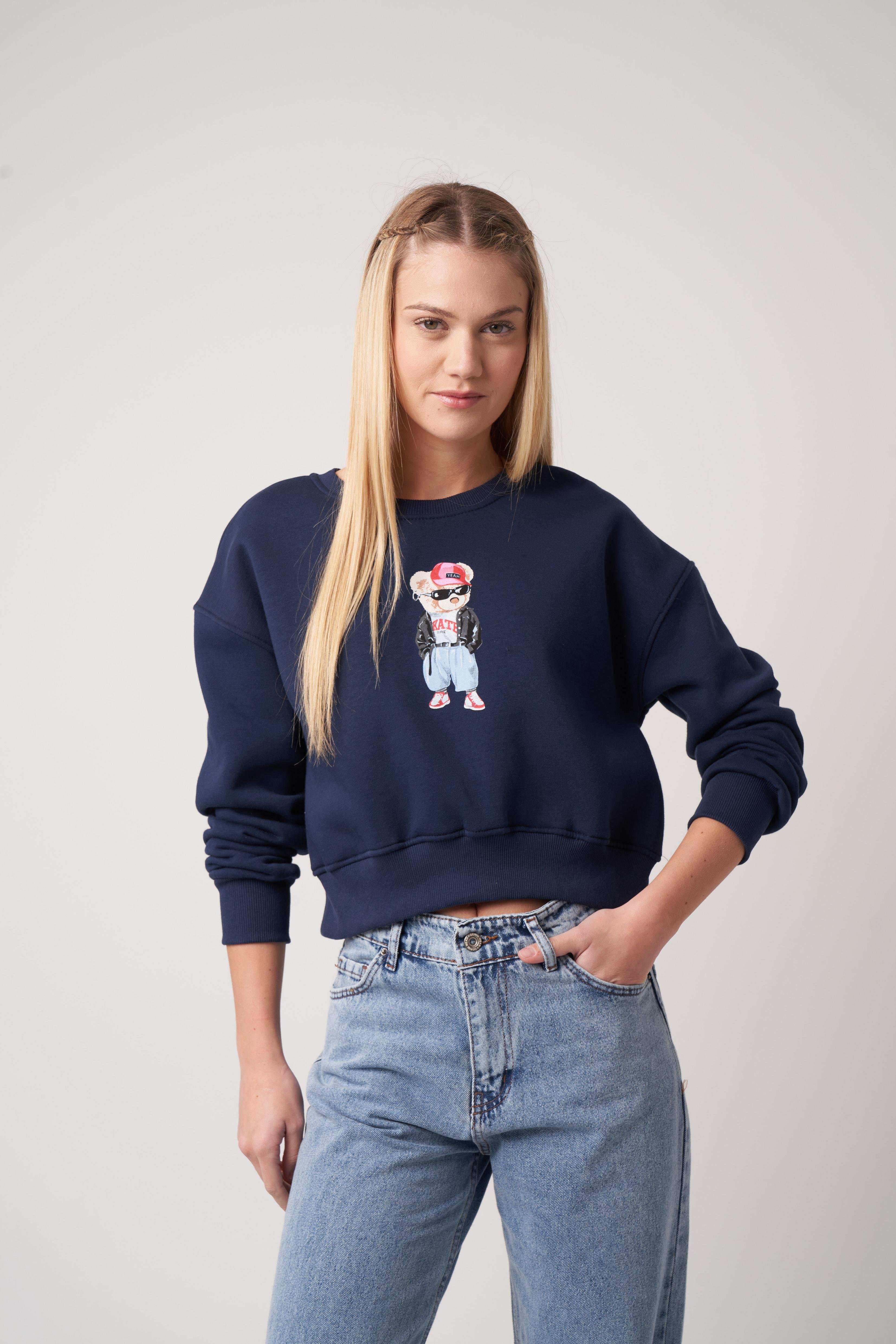 Ayıcık Baskılı Kısa Sweatshirt Lacivert