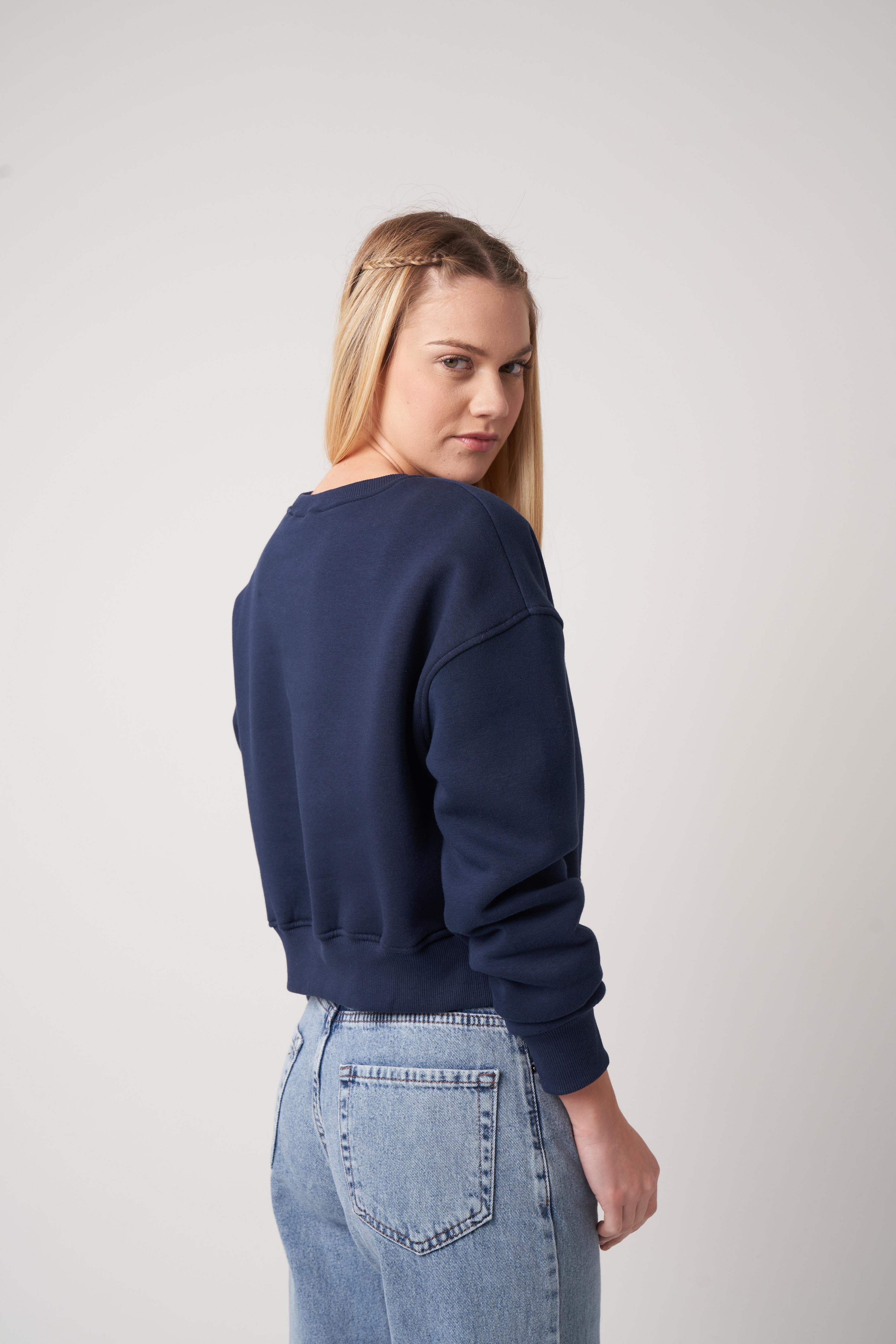 Ayıcık Baskılı Kısa Sweatshirt Lacivert