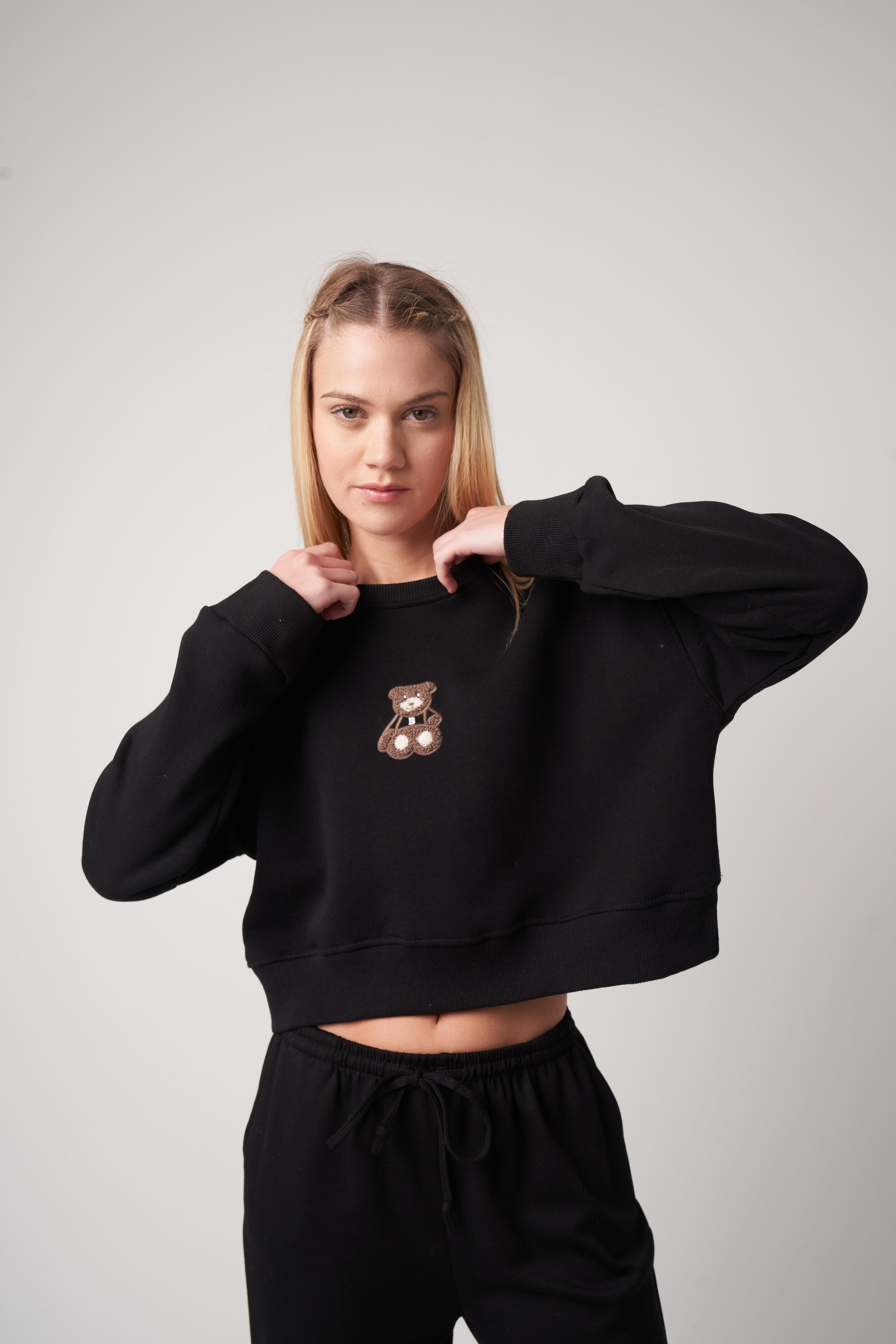 Ayıcık Baskılı Kısa Sweatshirt Siyah