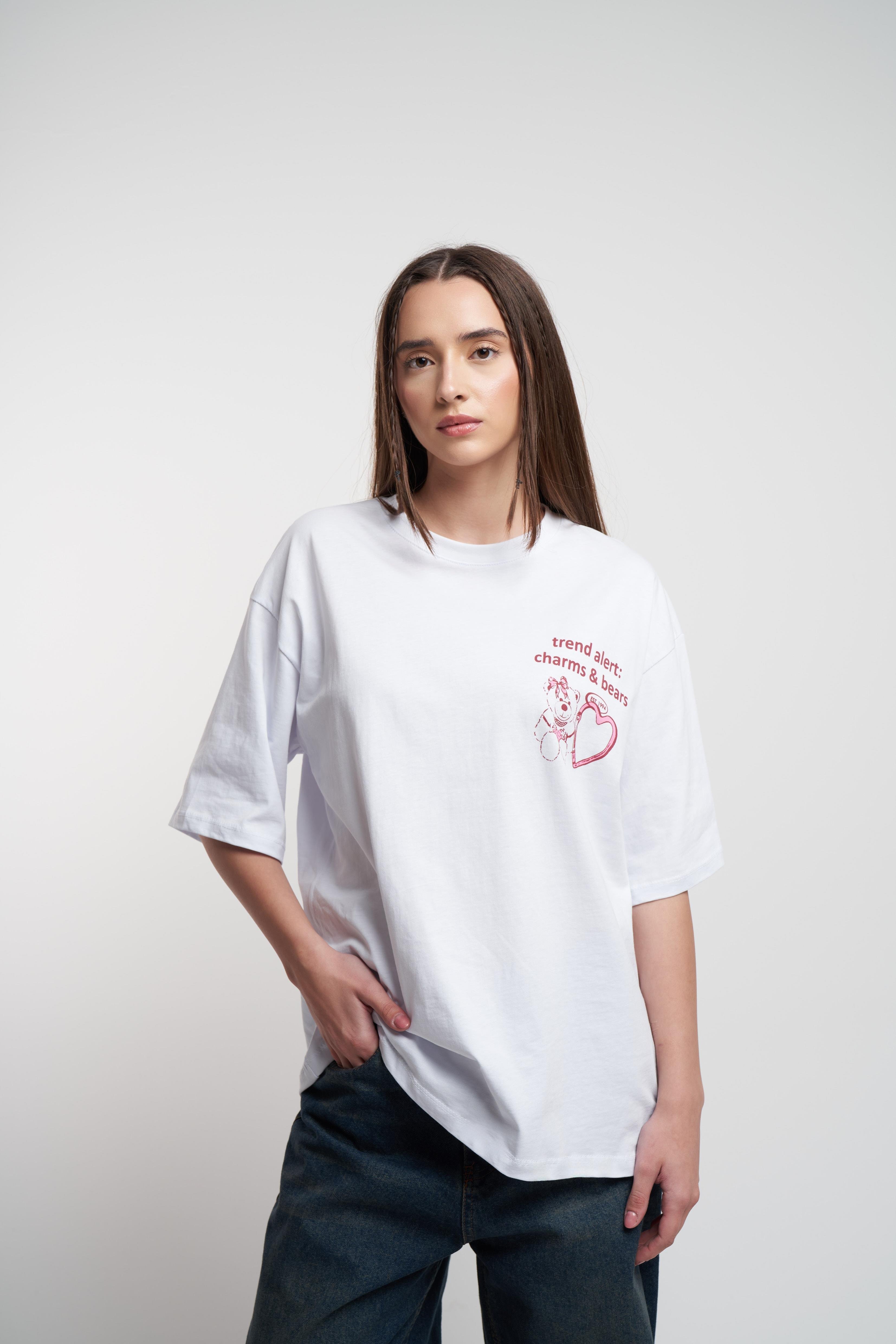 Ayıcık Baskılı Oversize Kısa Kol T-shirt Beyaz