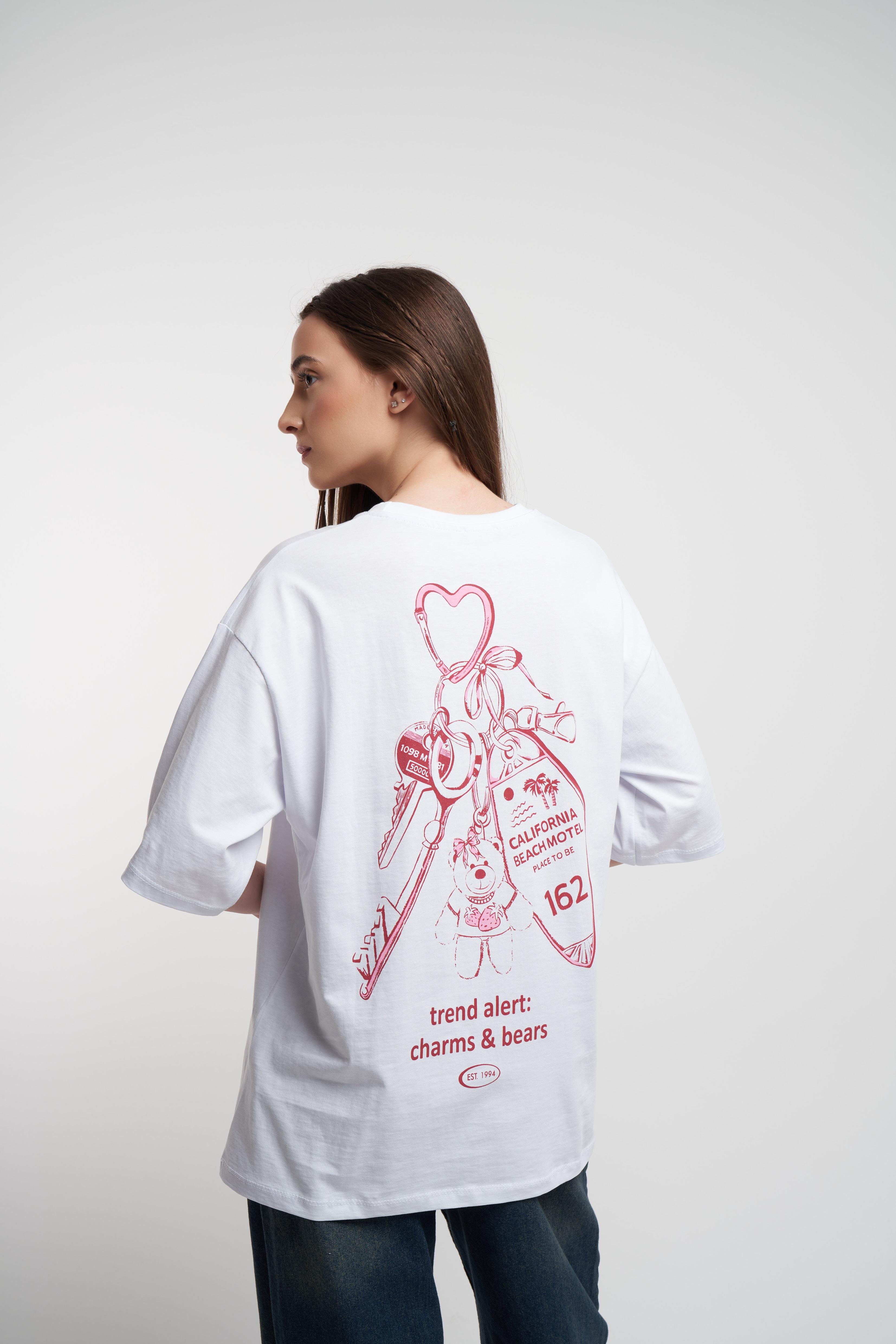 Ayıcık Baskılı Oversize Kısa Kol T-shirt Beyaz