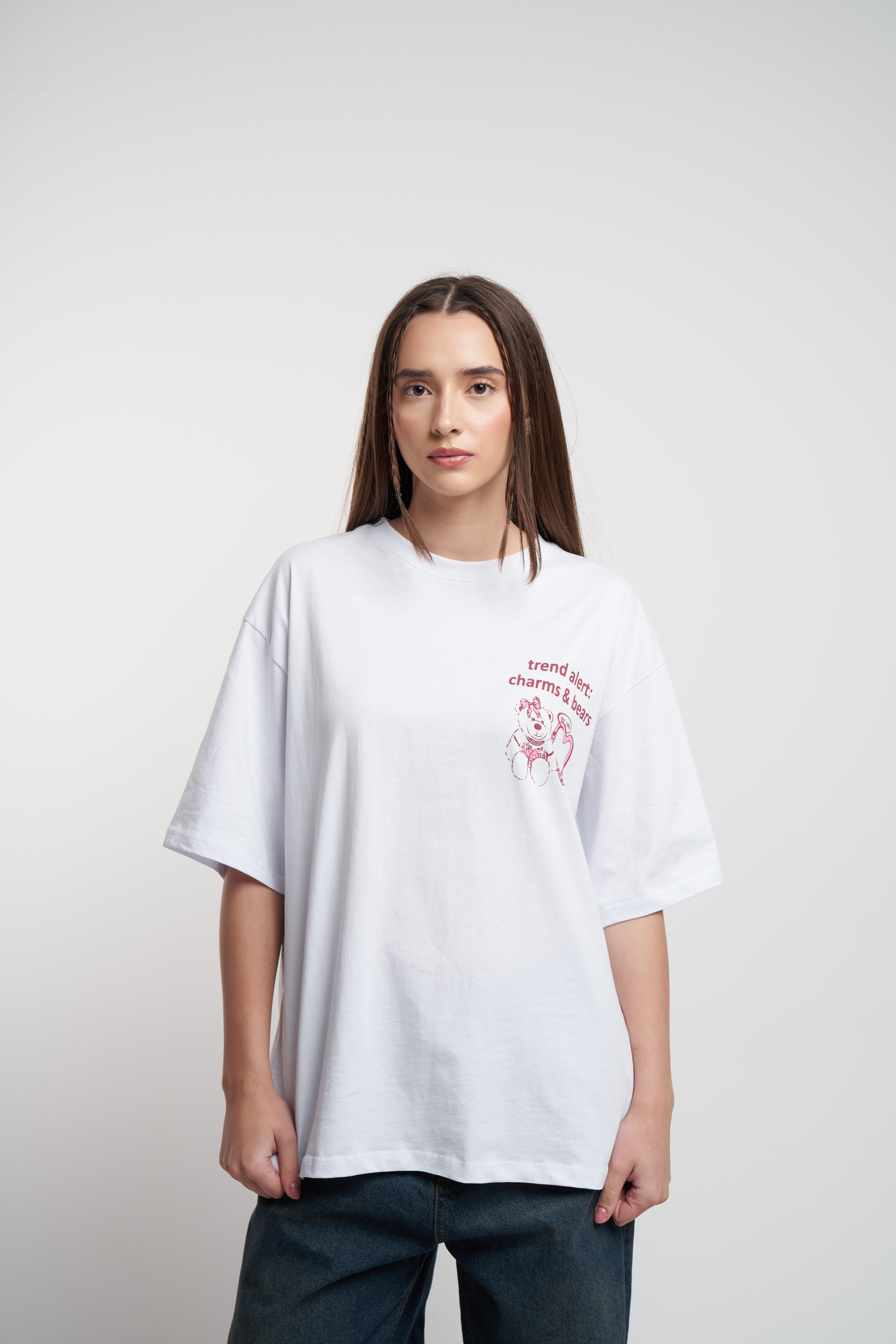 Ayıcık Baskılı Oversize Kısa Kol T-shirt Beyaz