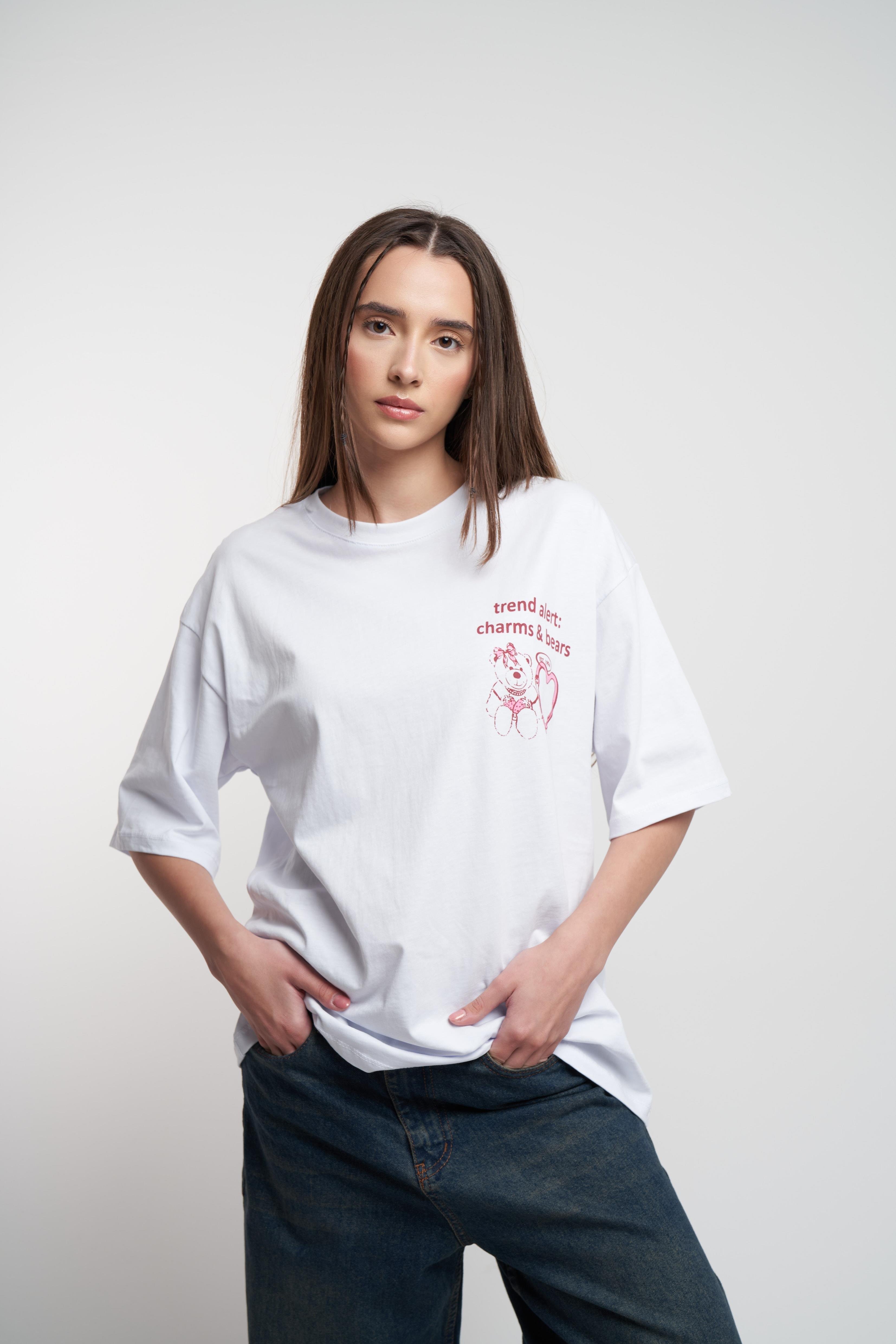 Ayıcık Baskılı Oversize Kısa Kol T-shirt Beyaz