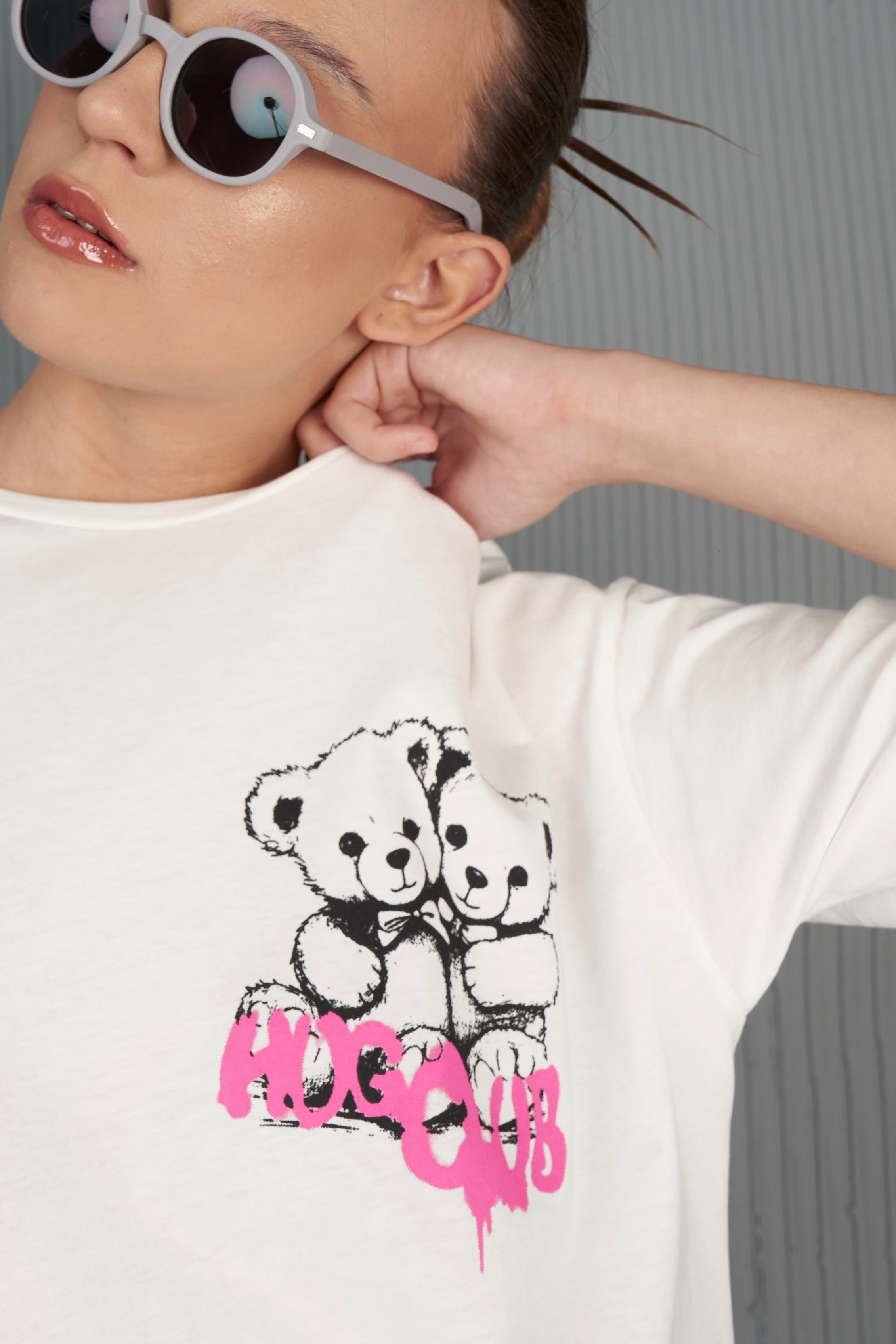 Ayıcık Baskılı T-shirt Ekru