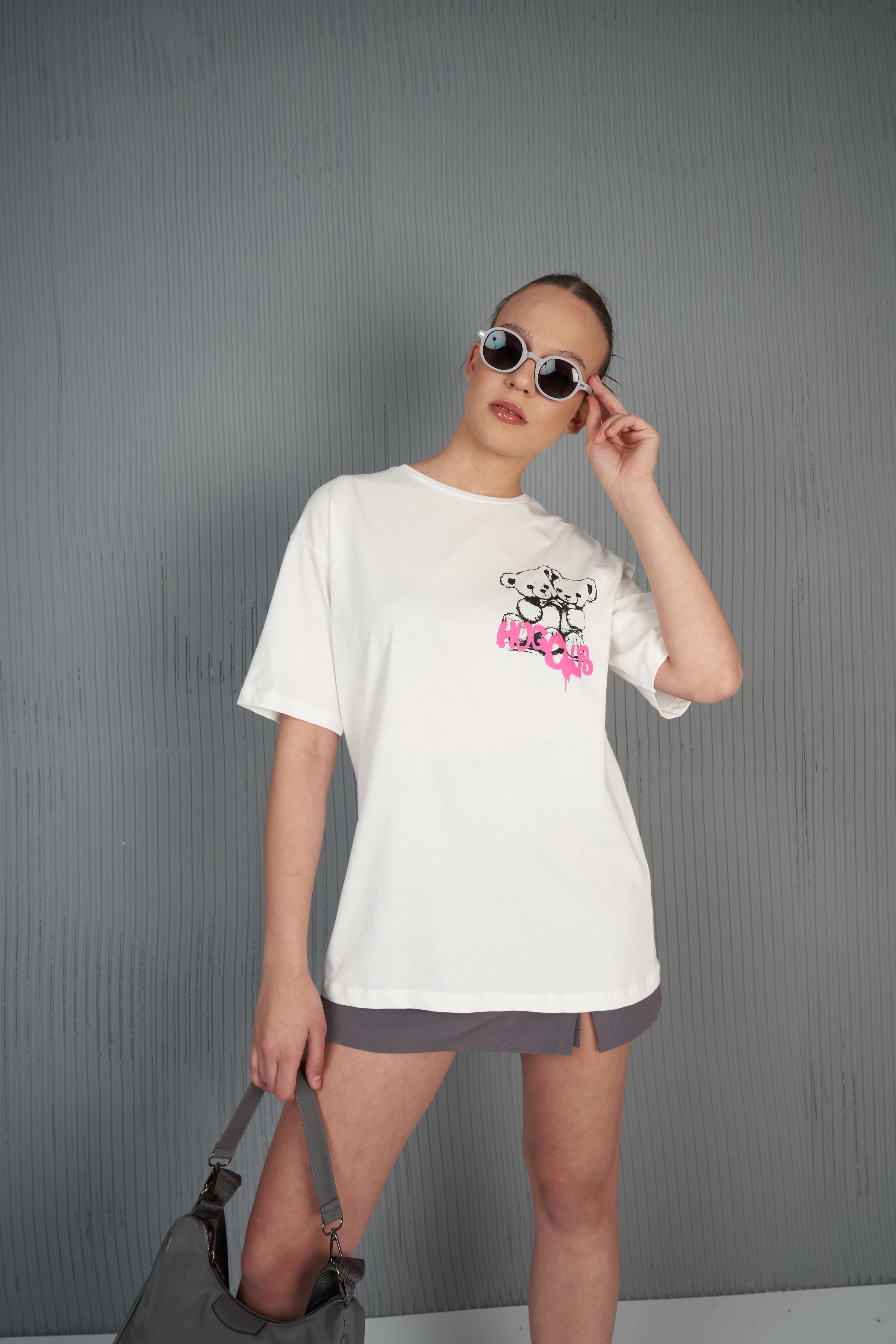 Ayıcık Baskılı T-shirt Ekru
