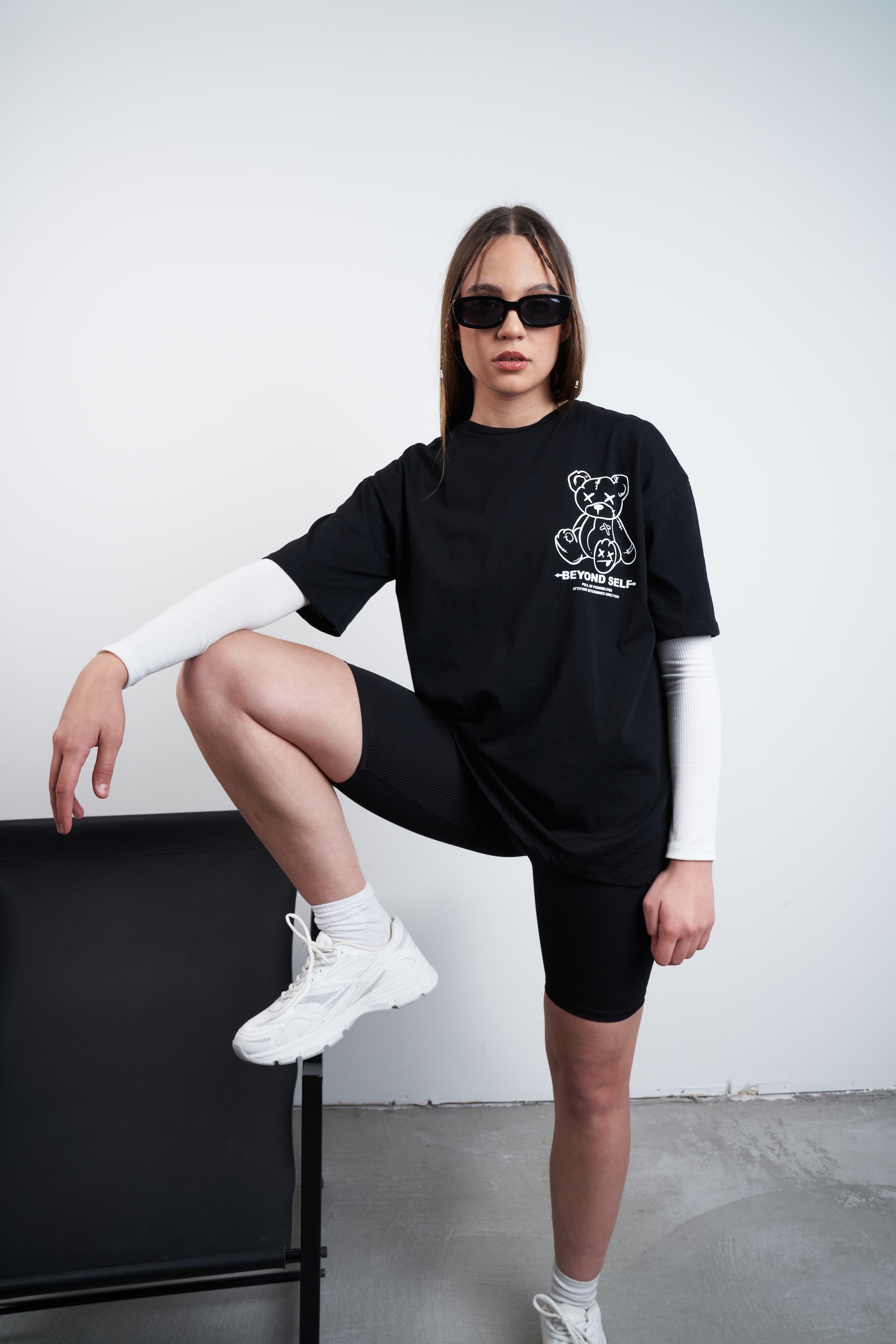 Ayıcık Baskılı T-shirt Siyah