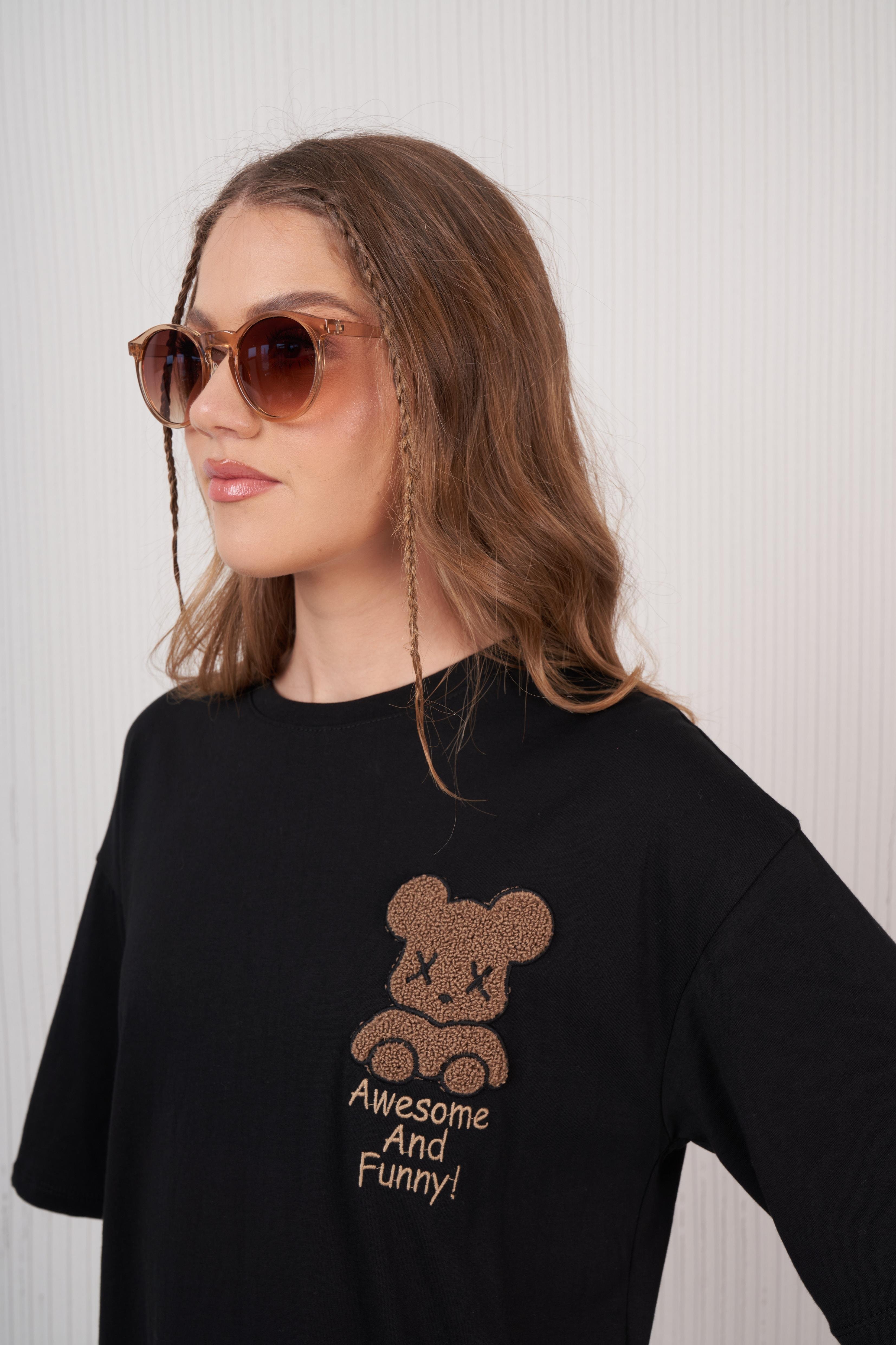 Ayıcık Nakış Baskılı T-shirt Siyah