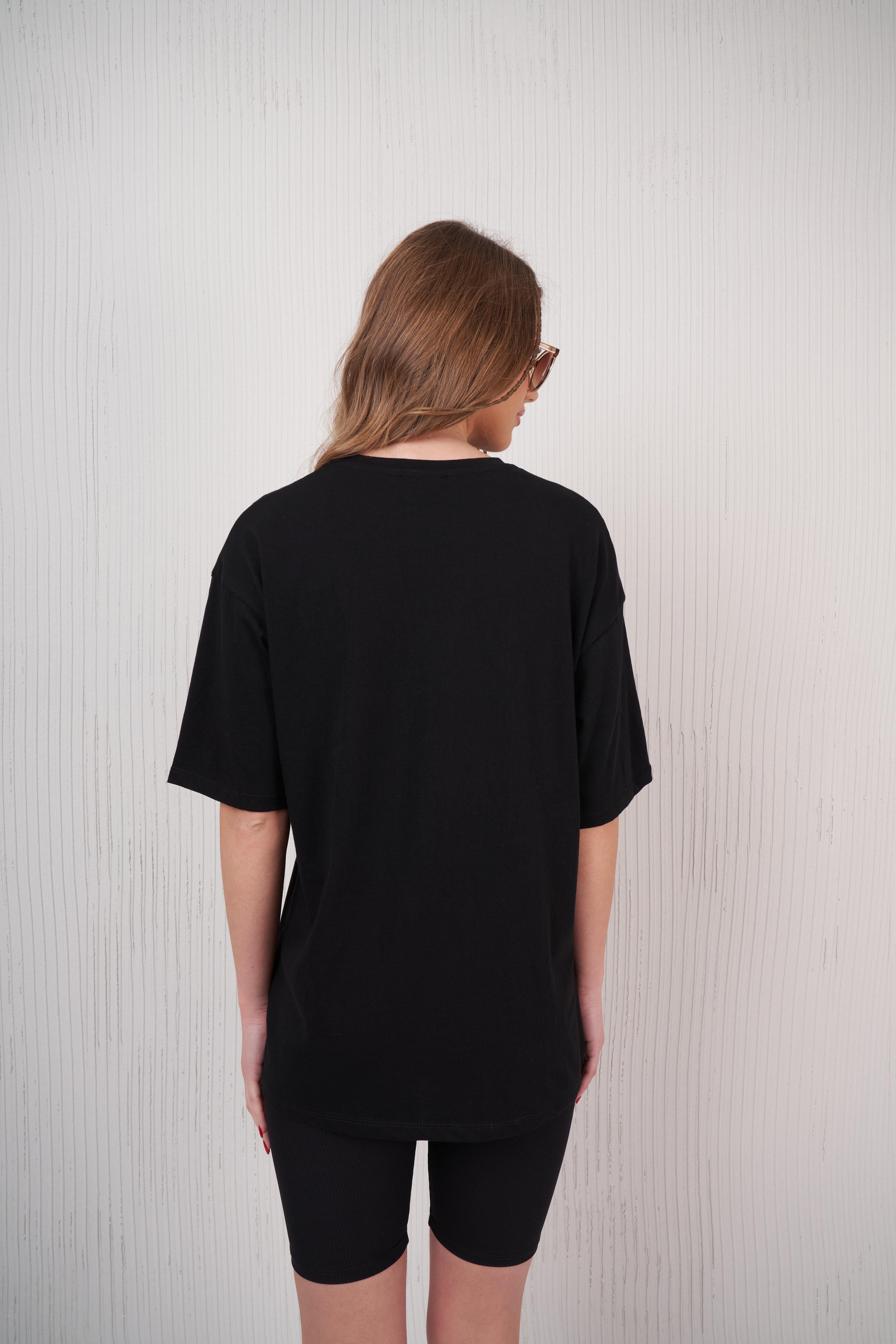 Ayıcık Nakış Baskılı T-shirt Siyah