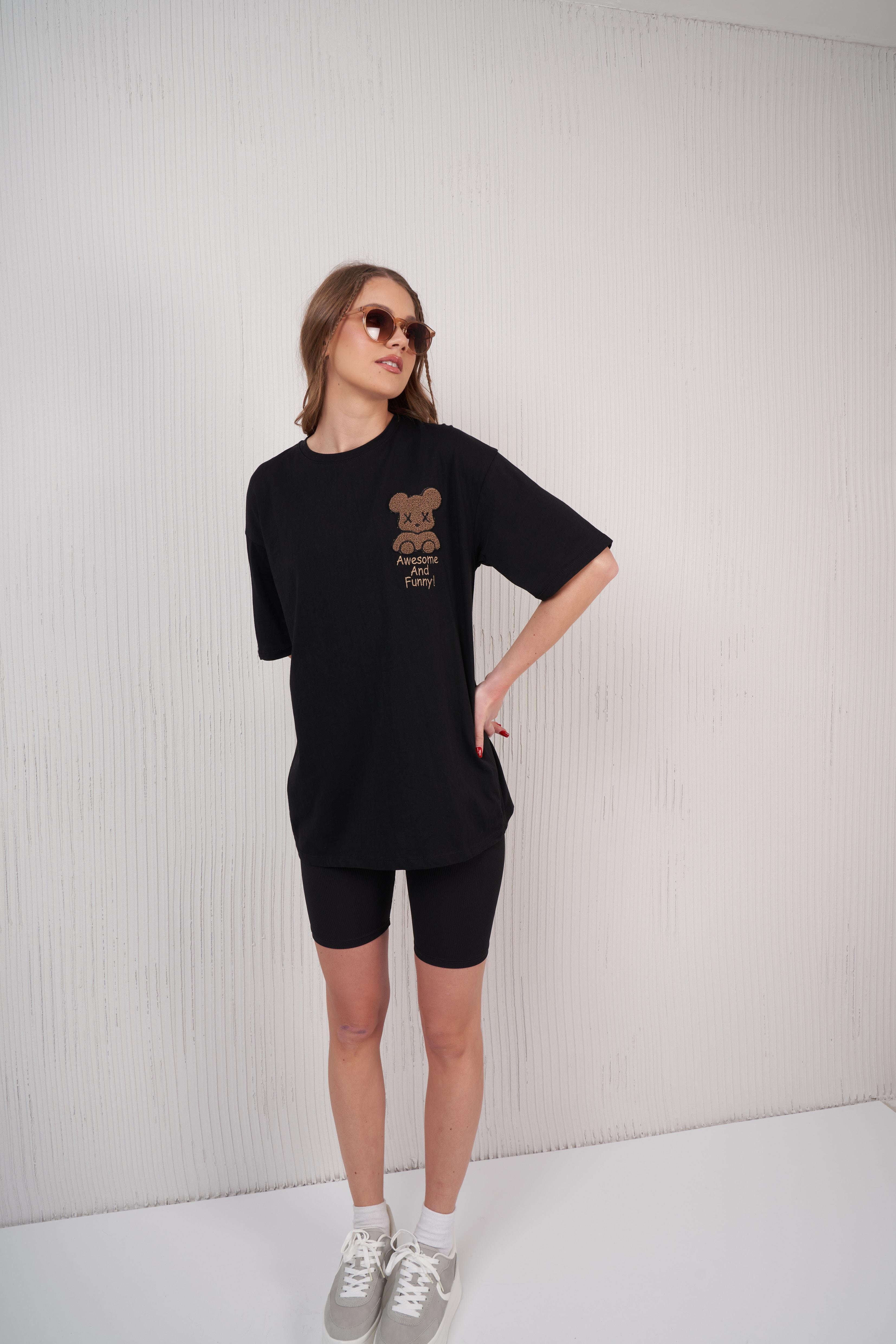 Ayıcık Nakış Baskılı T-shirt Siyah