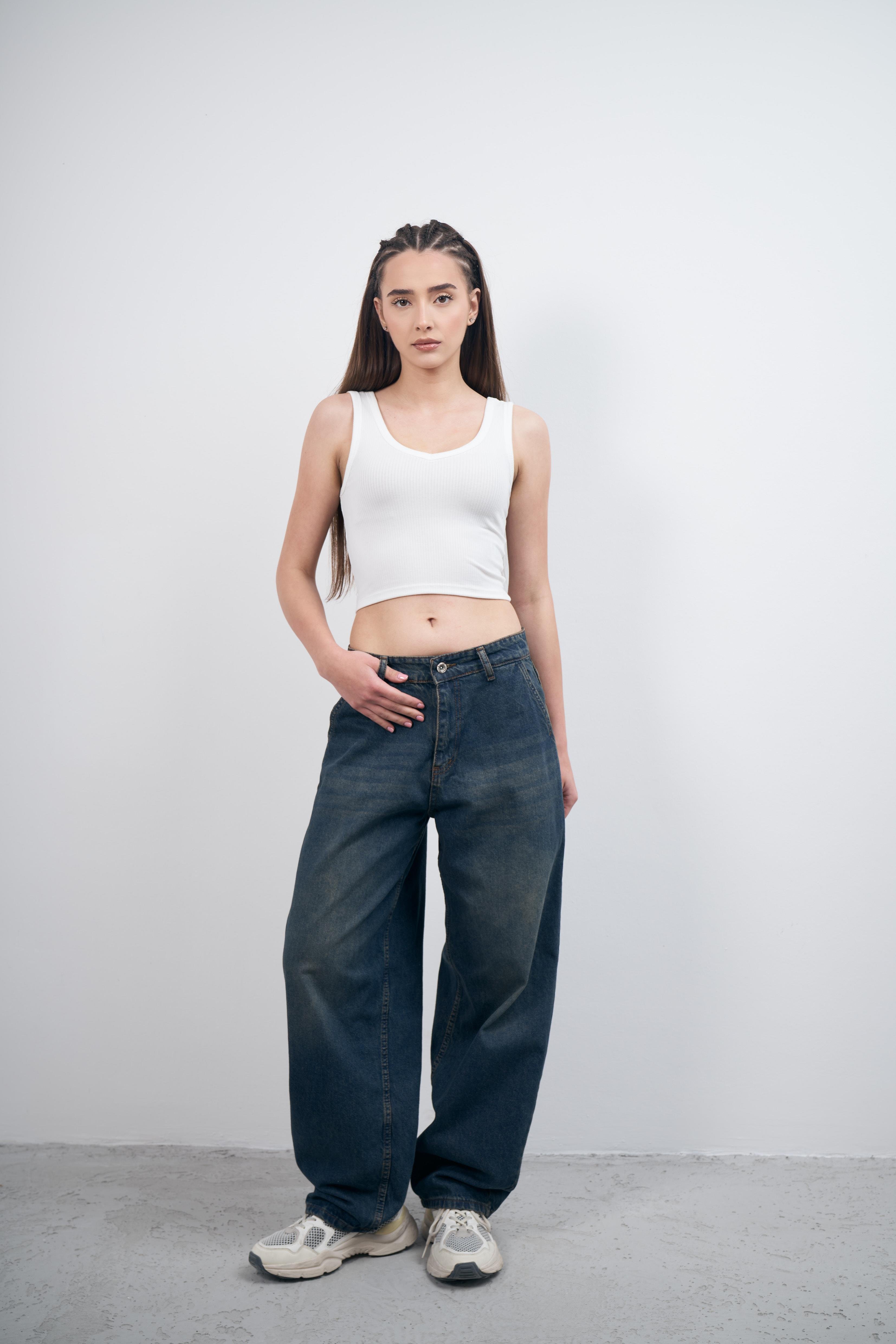 Baggy Fit Jean Pantalon Yeşil-Mavi