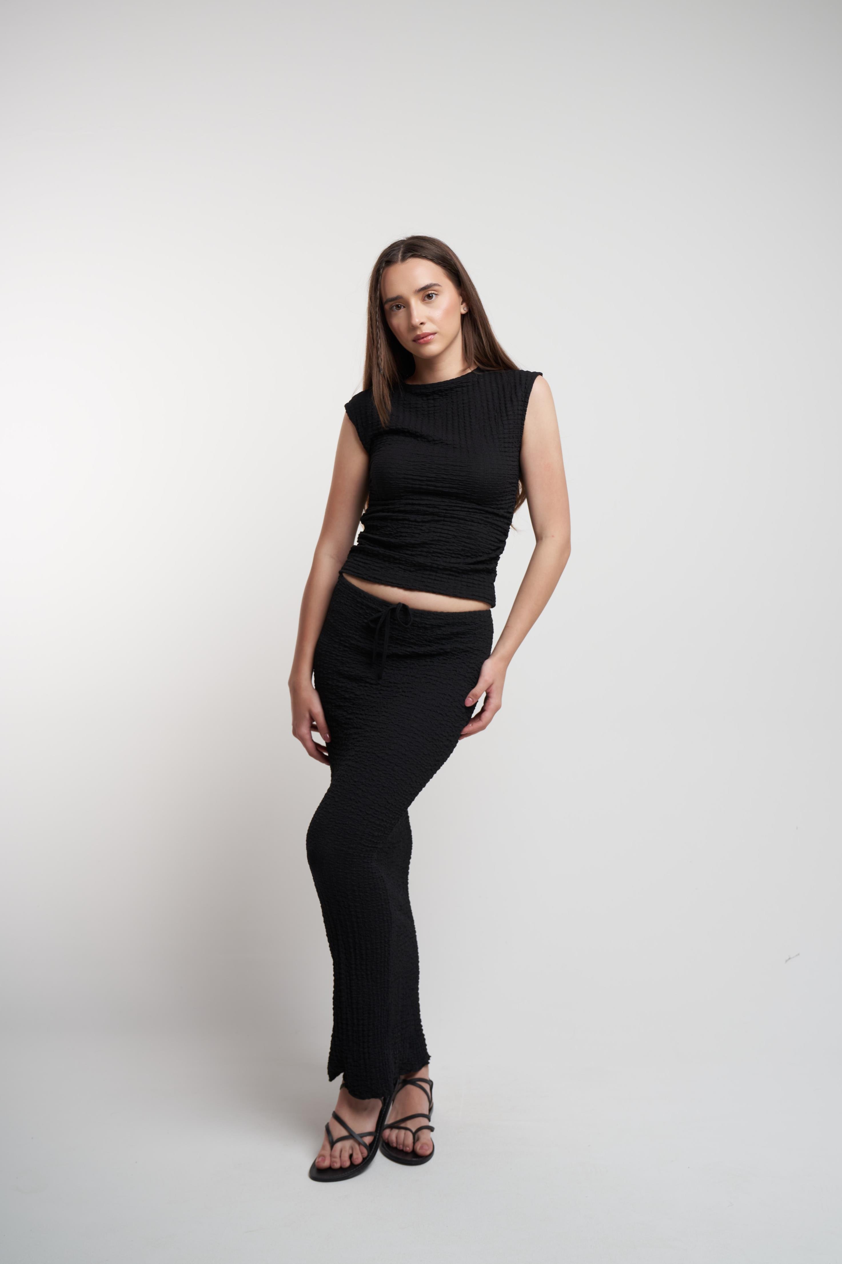 Bağlama Detaylı Gofre Uzun Etek Siyah