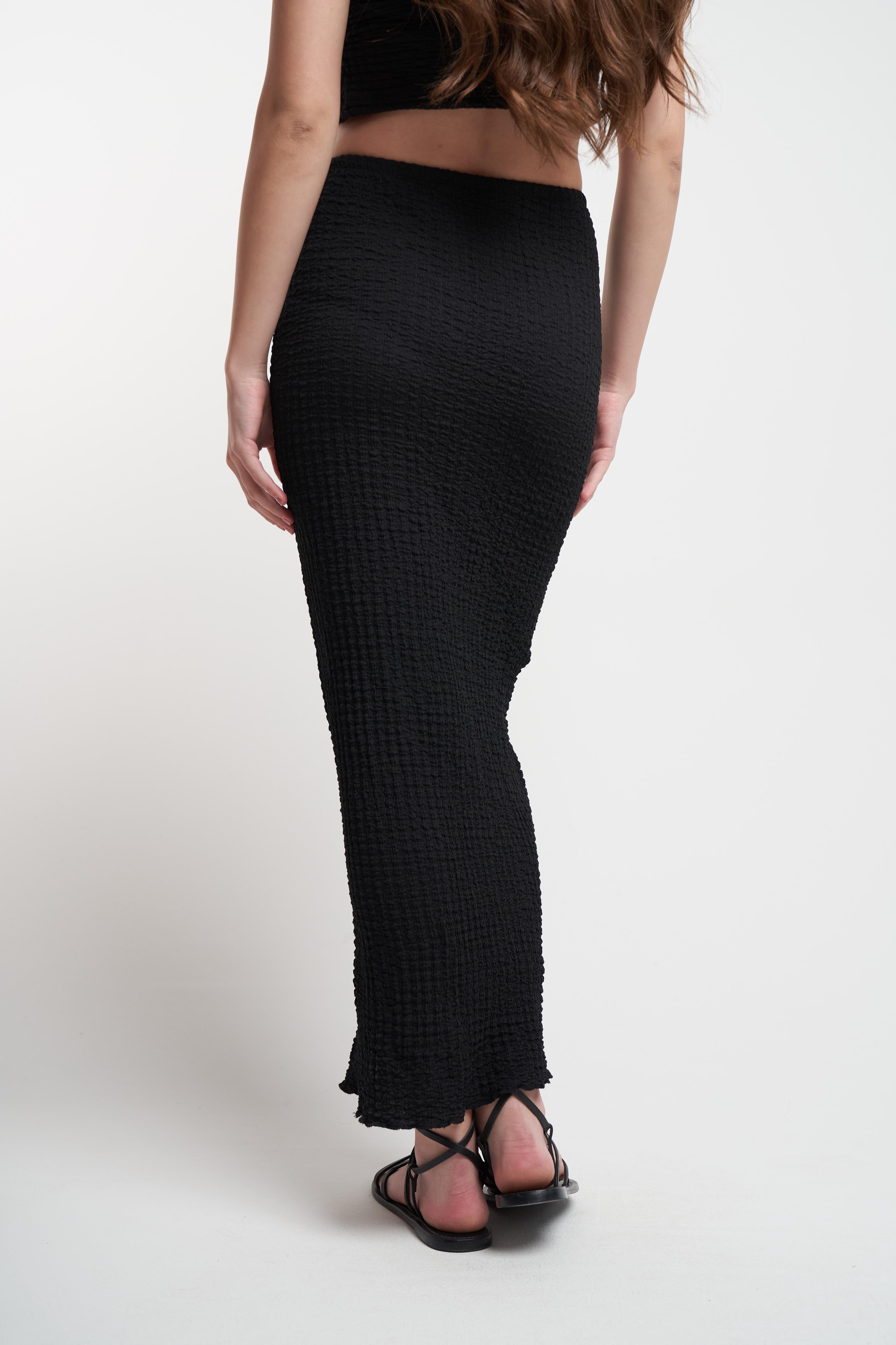 Bağlama Detaylı Gofre Uzun Etek Siyah