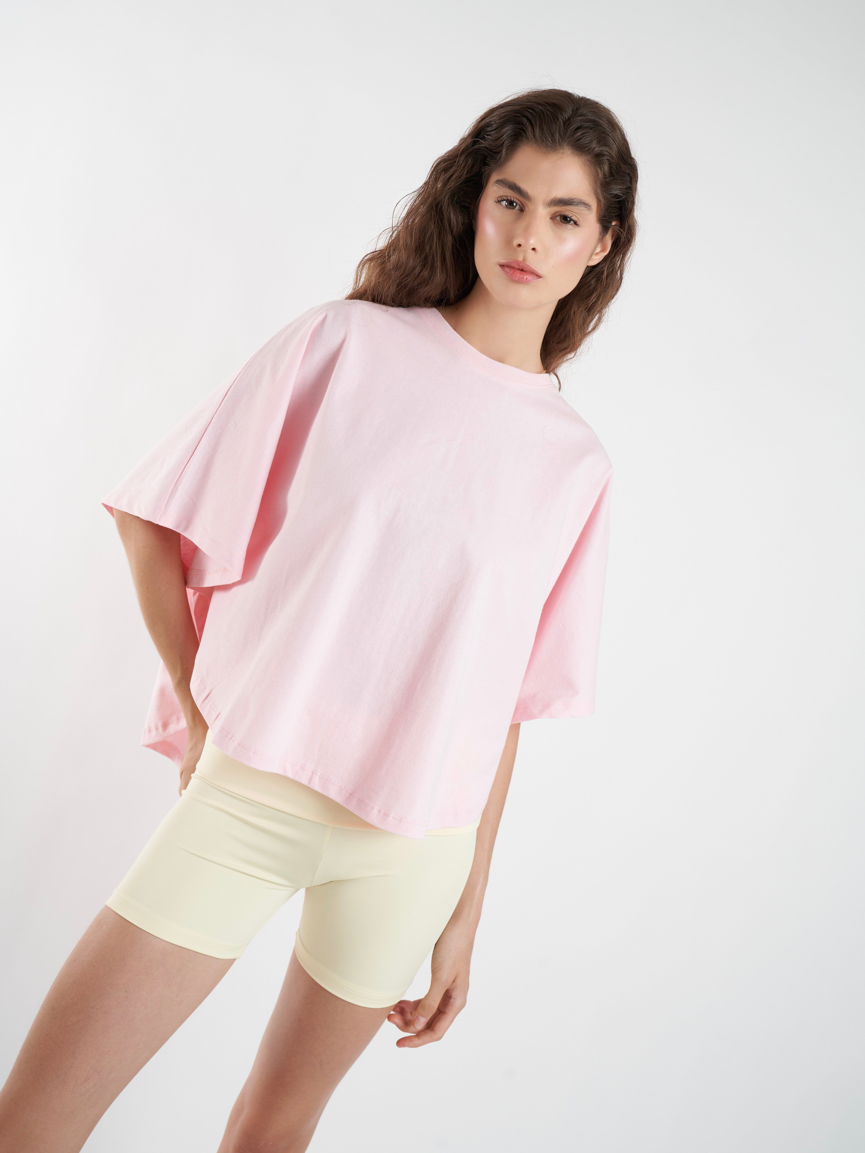 Basic Geniş Kol T-shirt Toz Pembe
