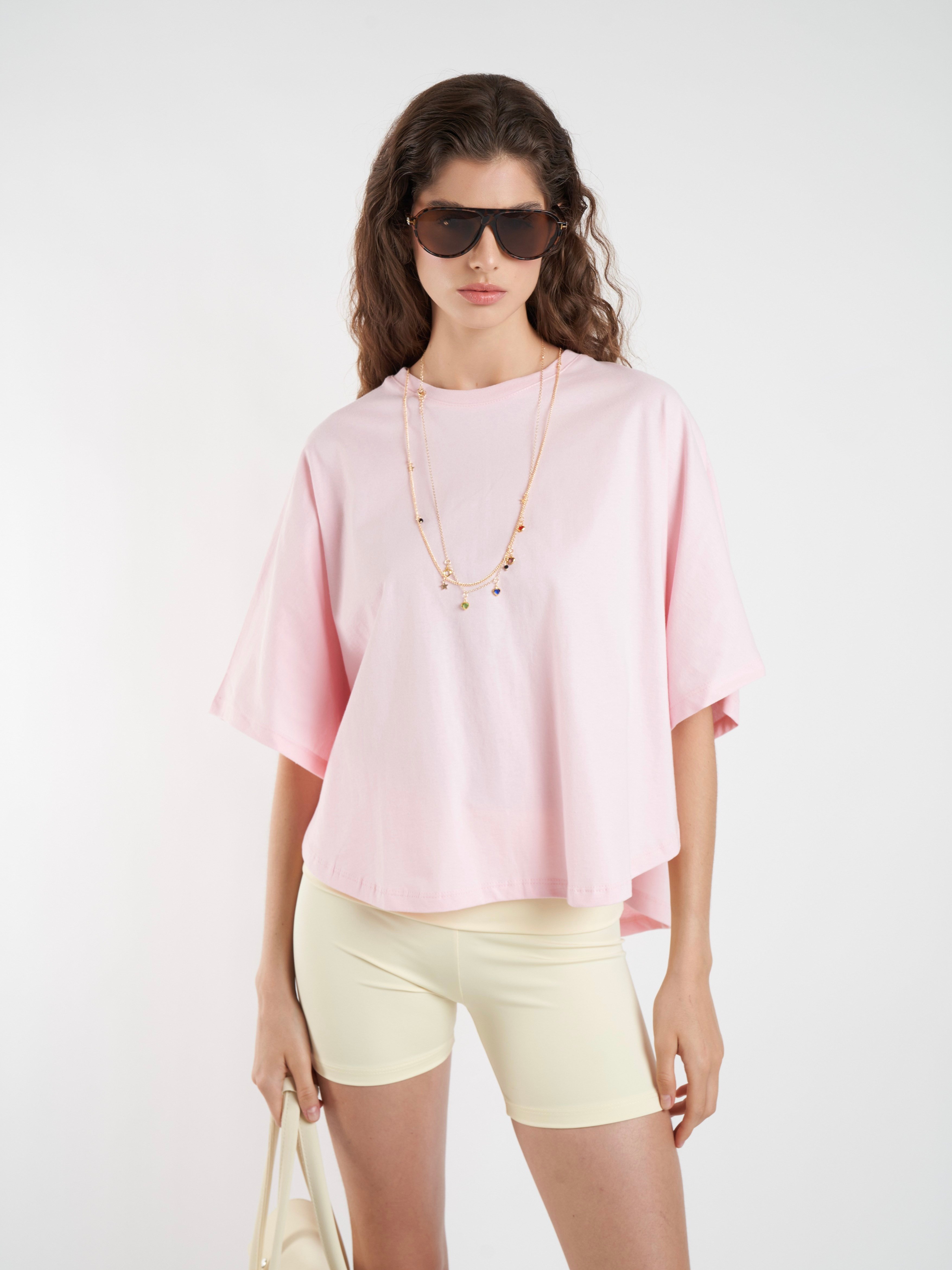 Basic Geniş Kol T-shirt Toz Pembe