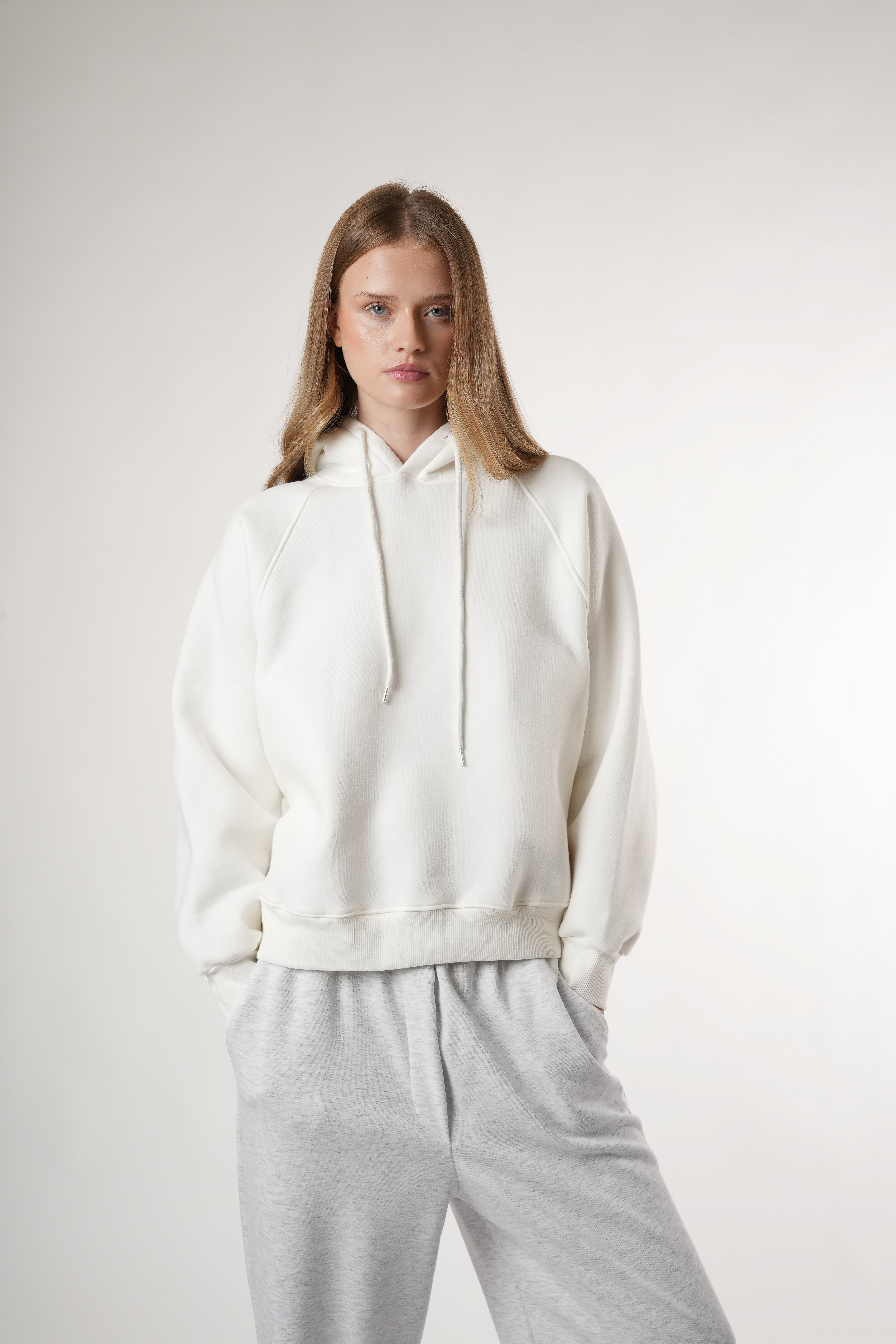 Basic Kapüşonlu Sweatshirt Ekru