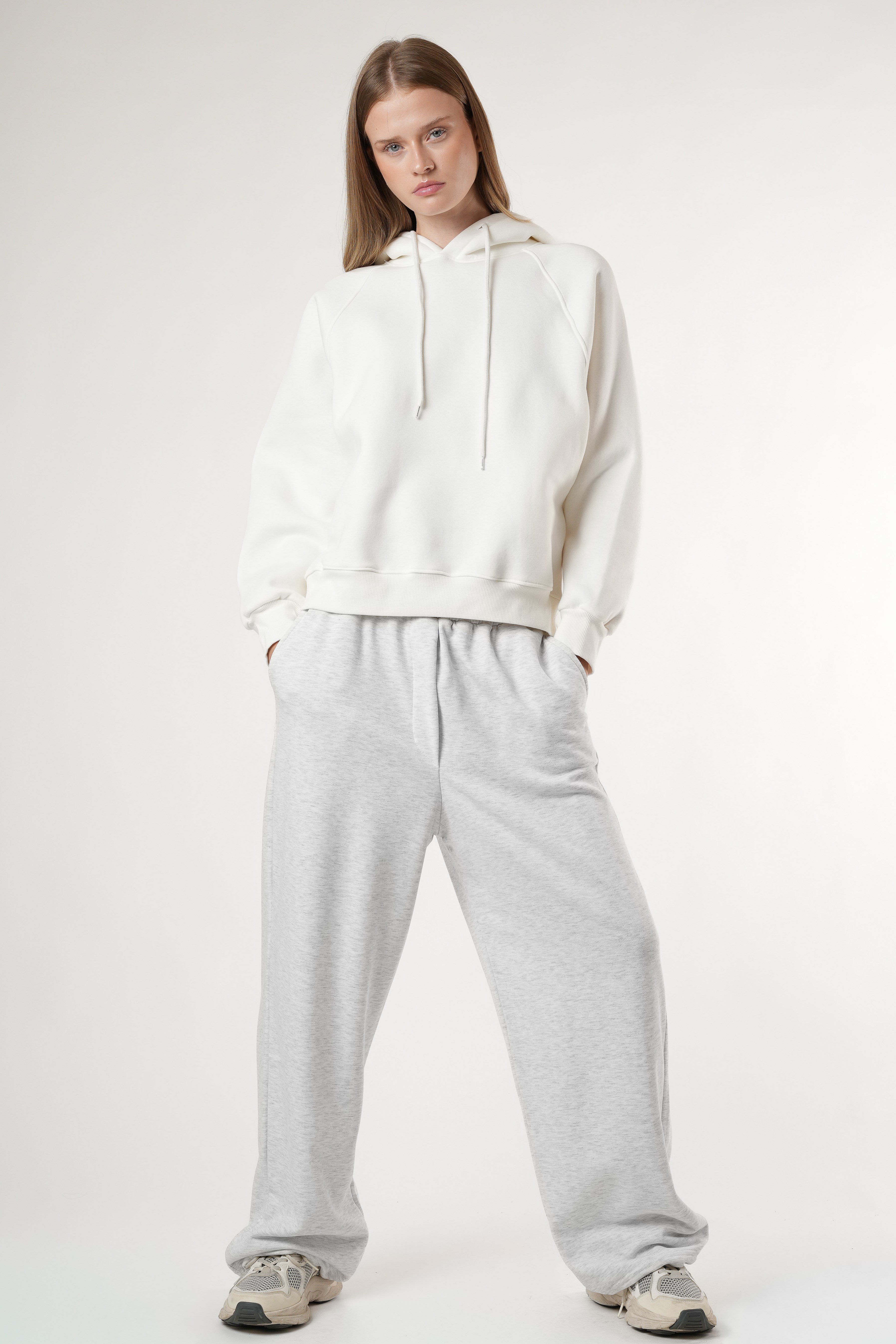 Basic Kapüşonlu Sweatshirt Ekru