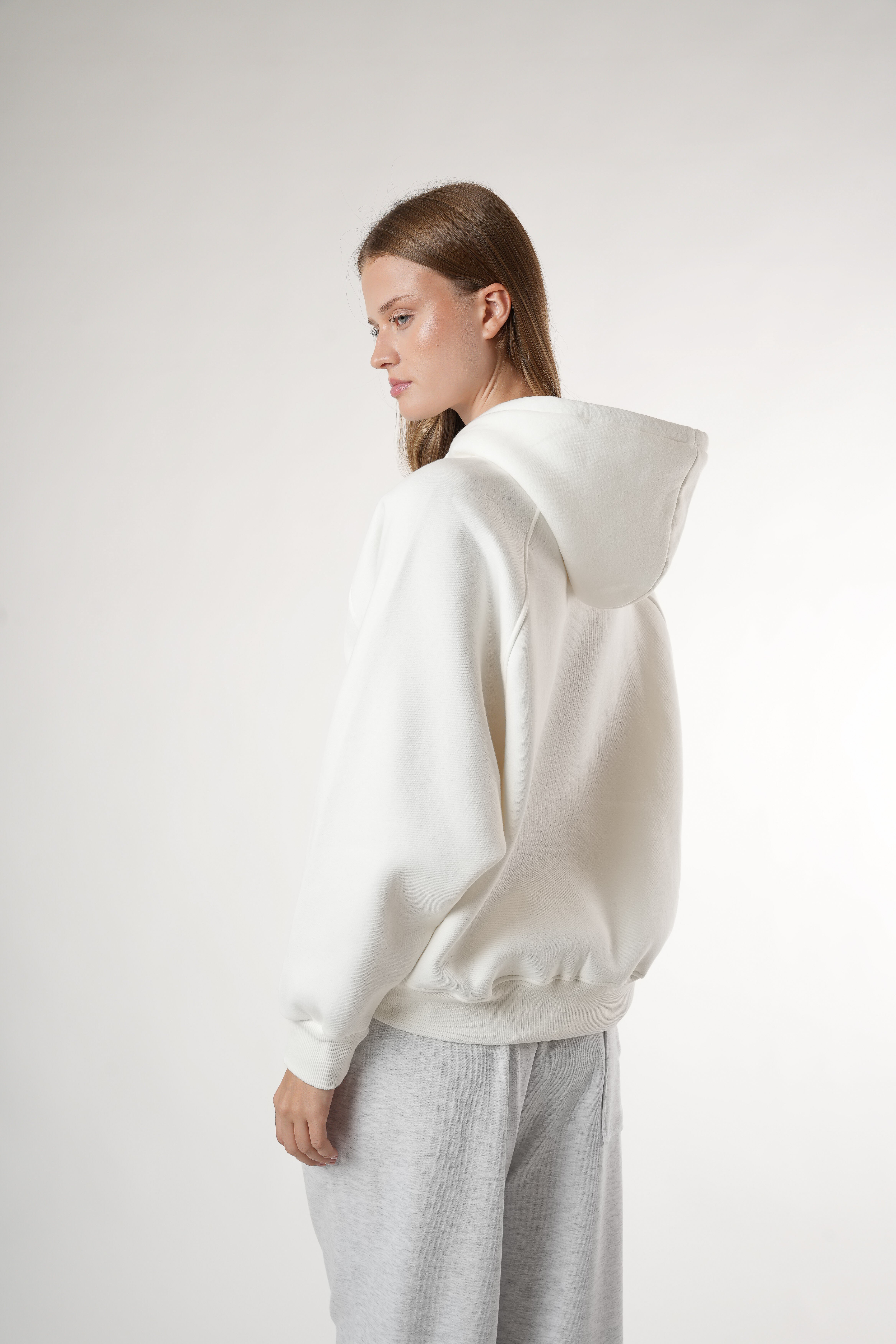 Basic Kapüşonlu Sweatshirt Ekru