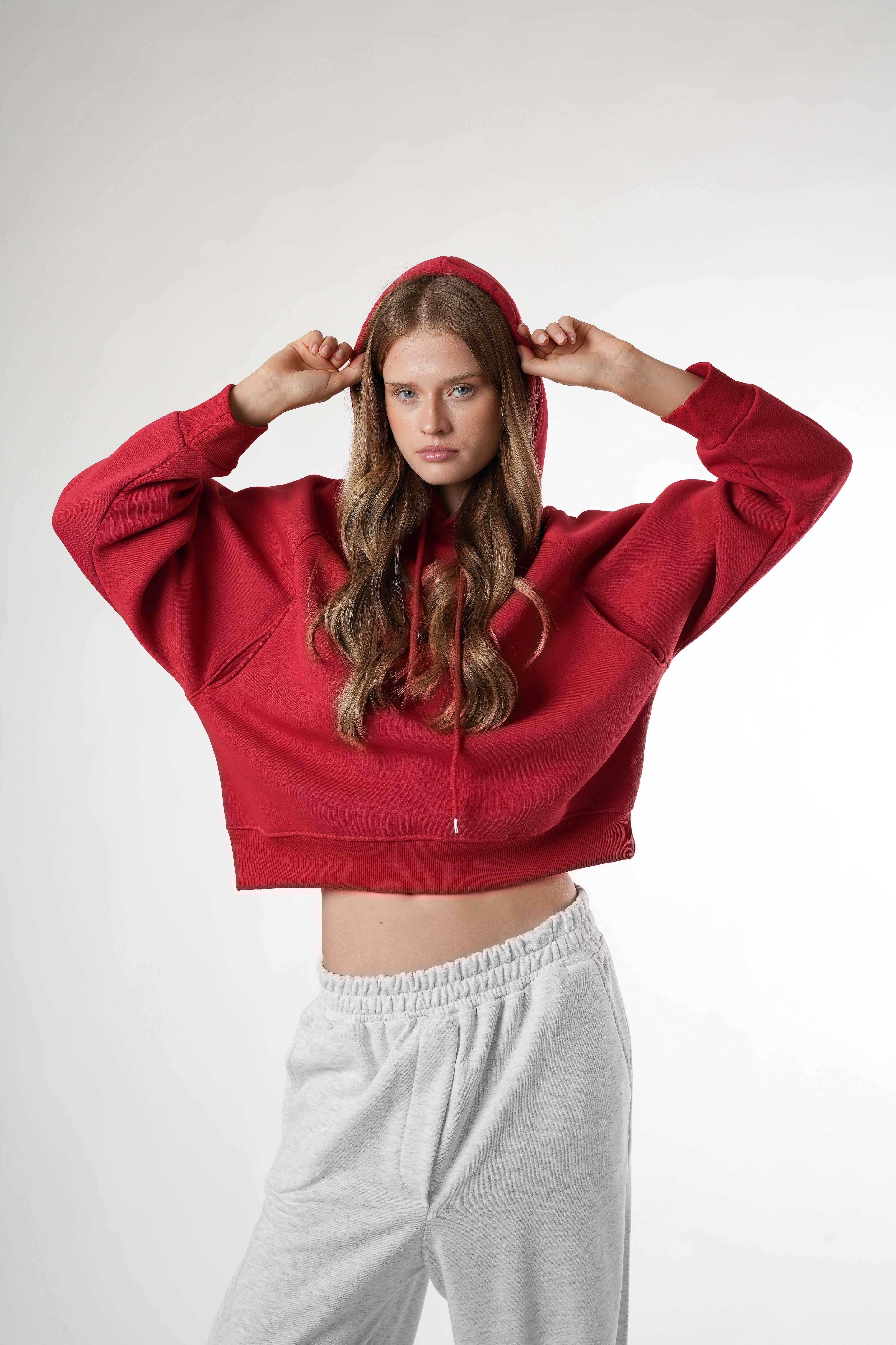 Basic Kapüşonlu Sweatshirt Kırmızı