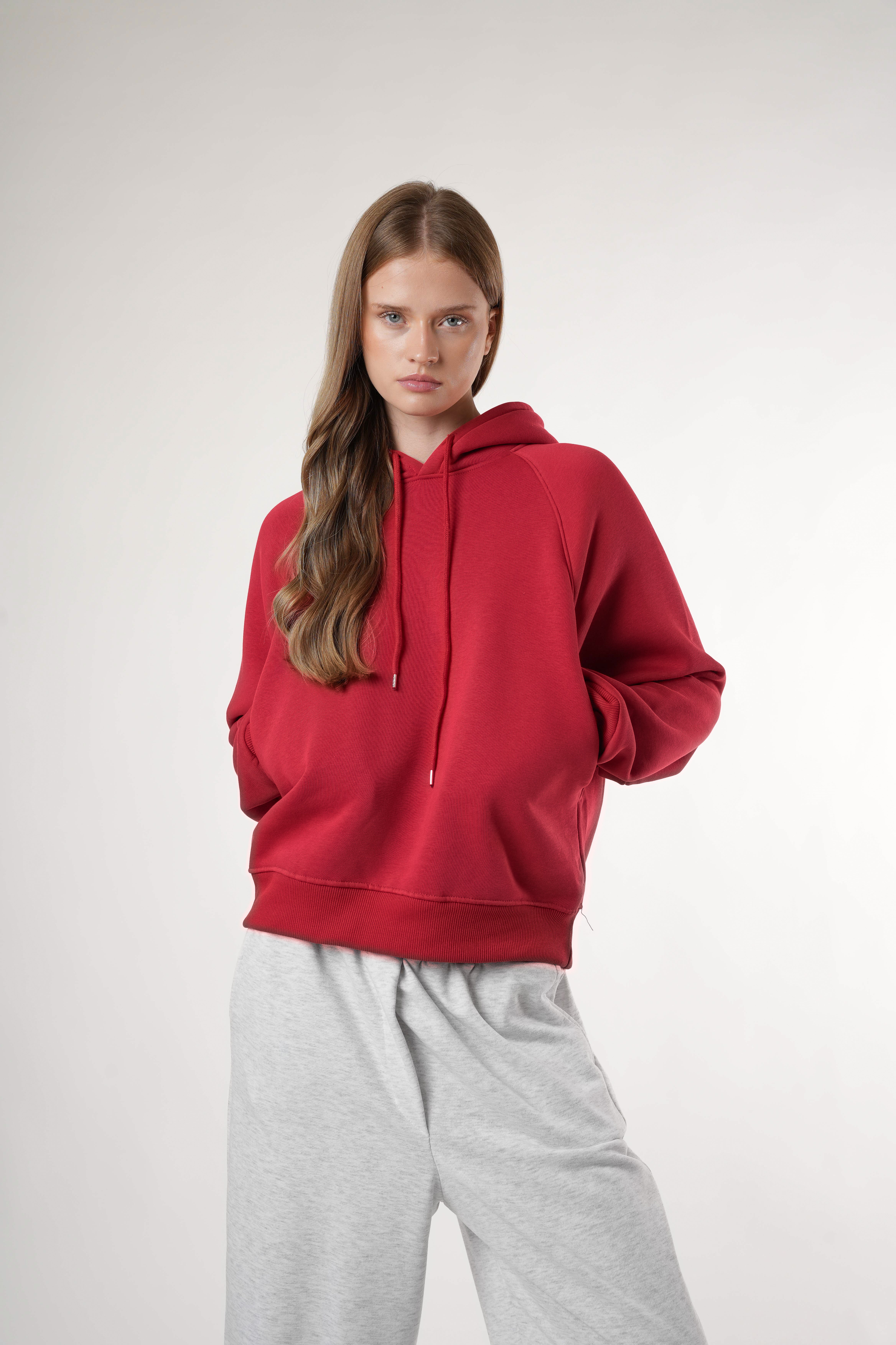 Basic Kapüşonlu Sweatshirt Kırmızı