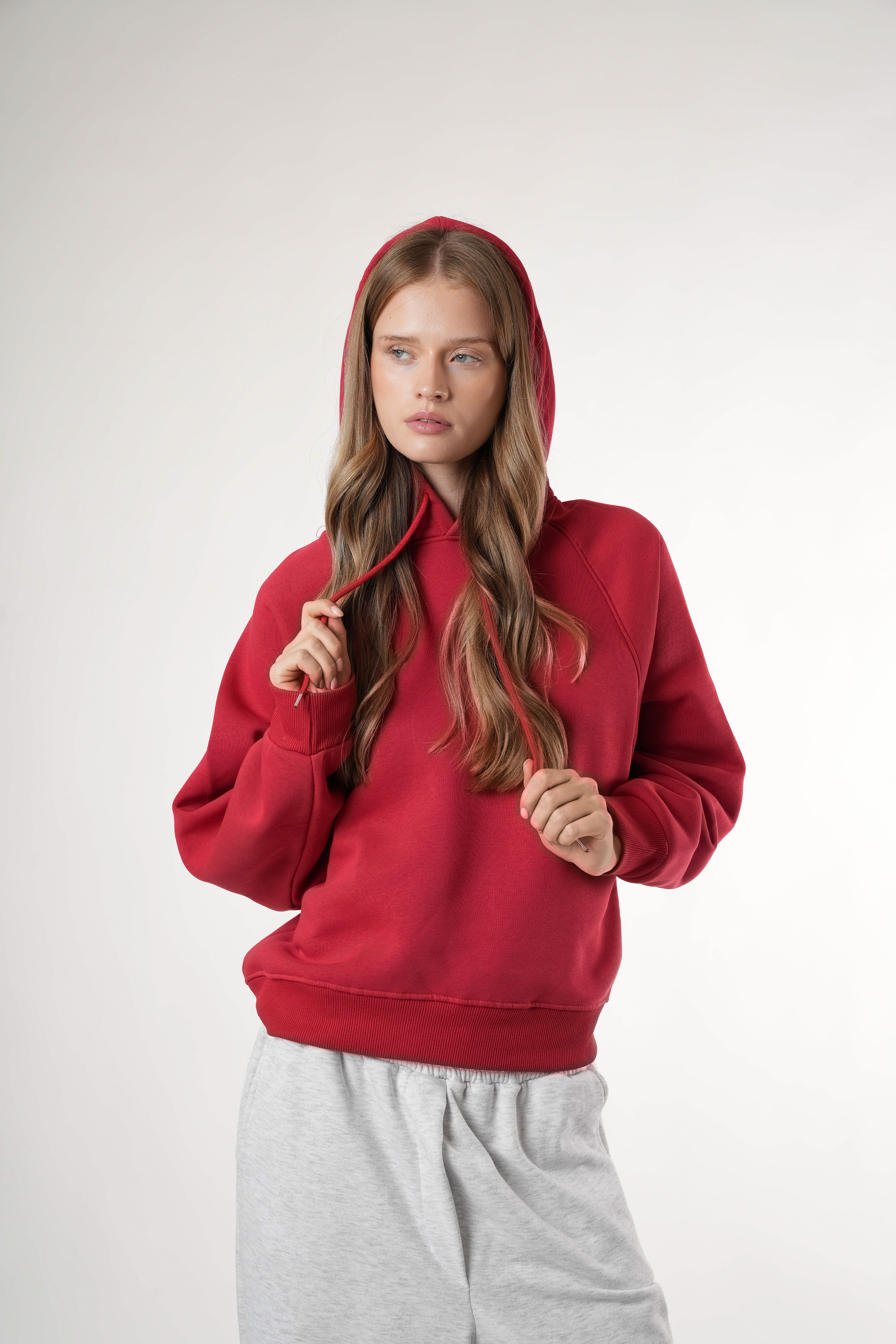 Basic Kapüşonlu Sweatshirt Kırmızı