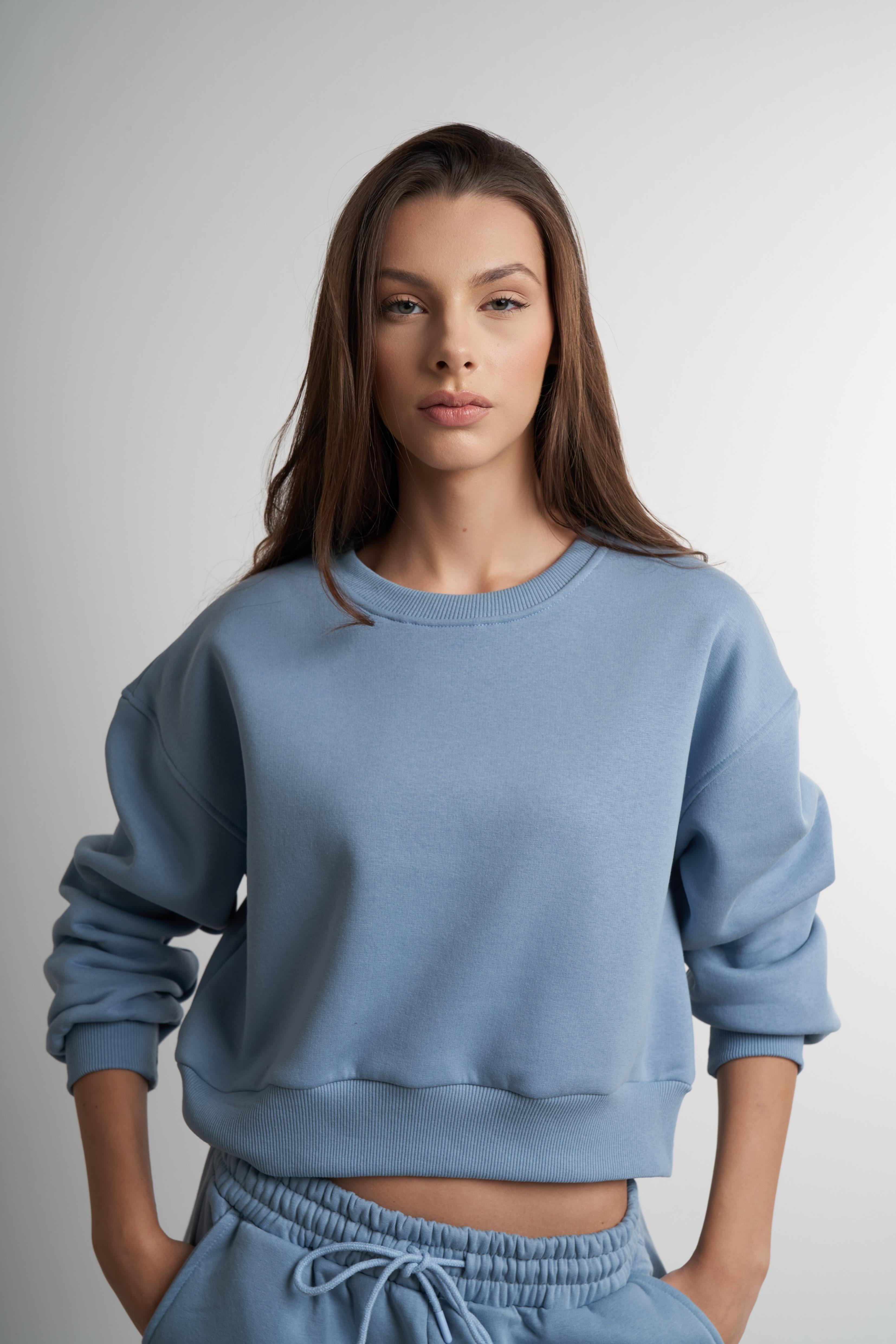 Basic Kısa Sweatshirt Prada Mavi
