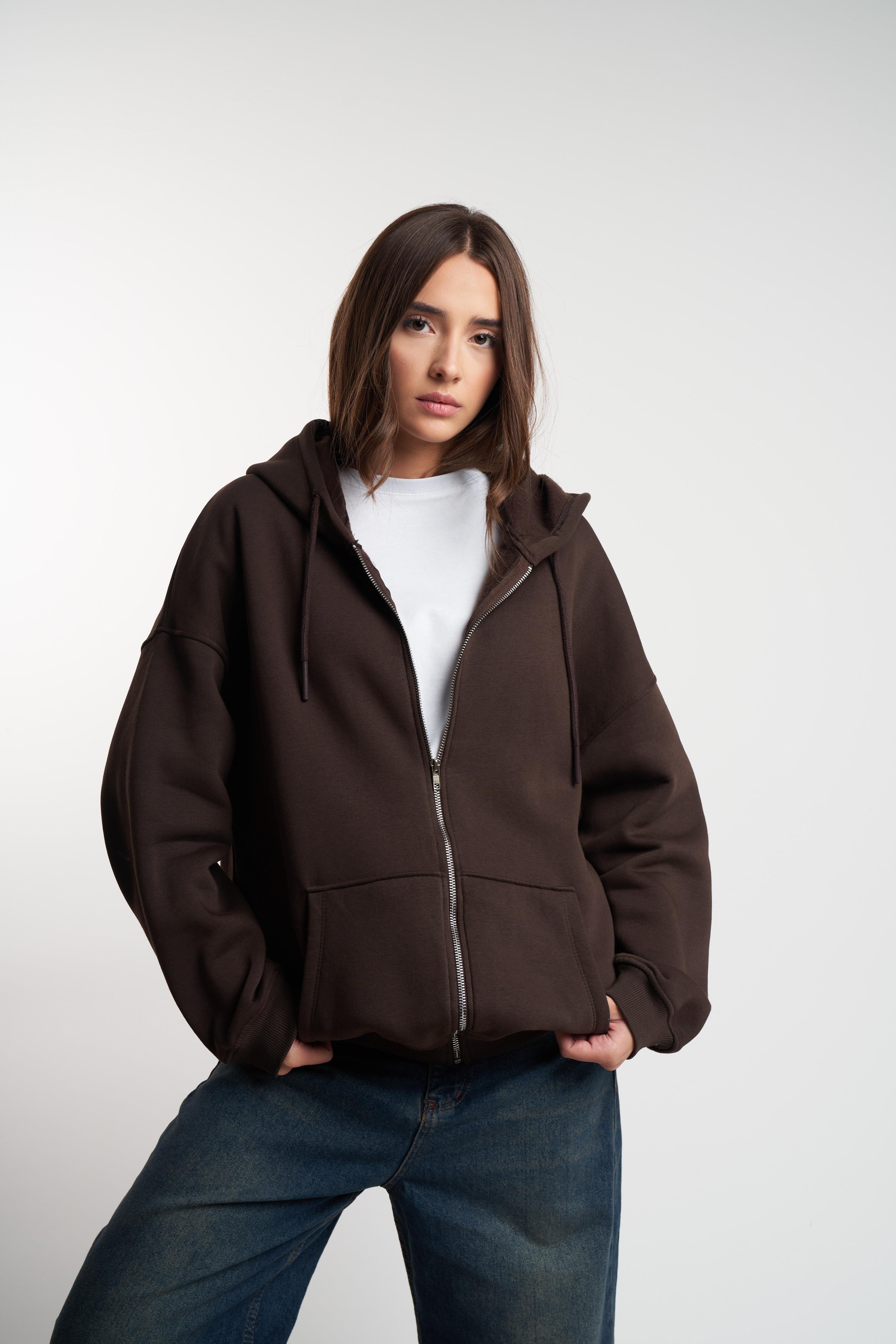 Basic Oversize Sweatshirt Ceket Kahve