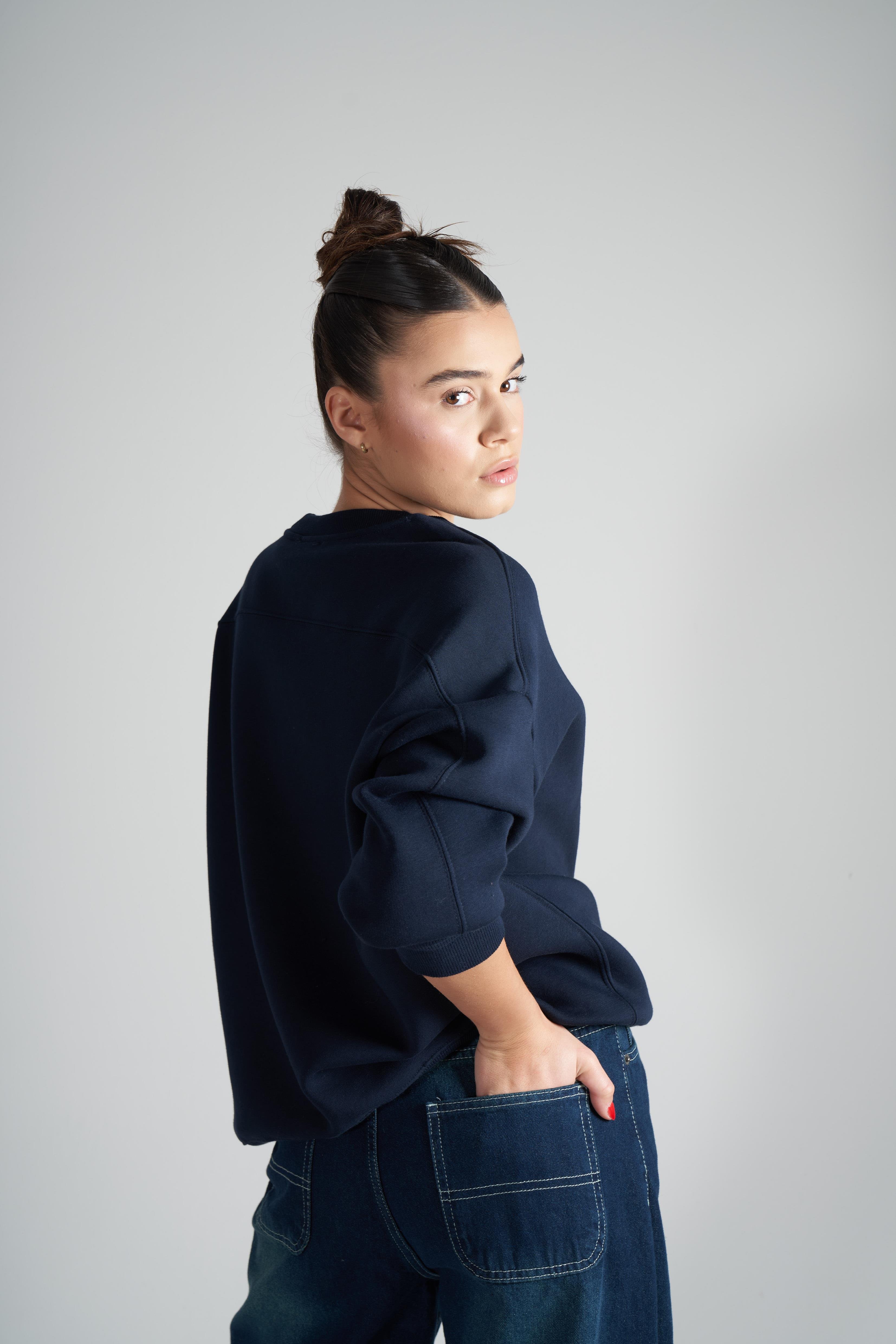 Basic Şardonlu Oversize Sweatshirt Lacivert