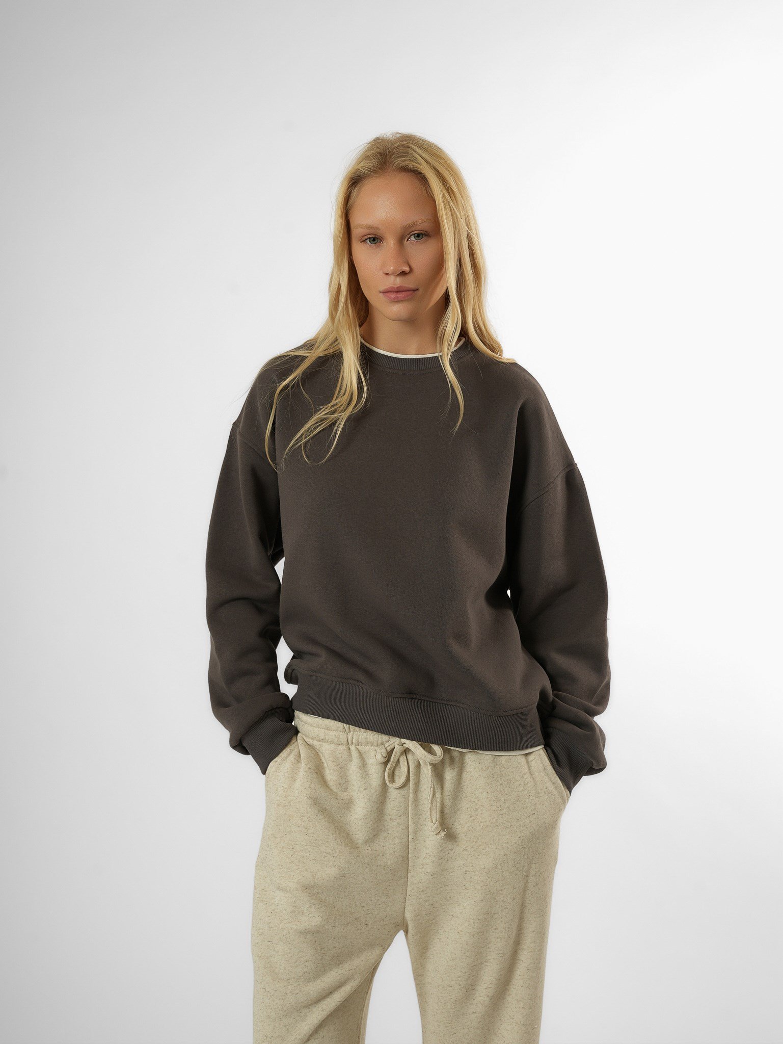 Basic Şardonlu Sweatshirt Antrasit-Ekru