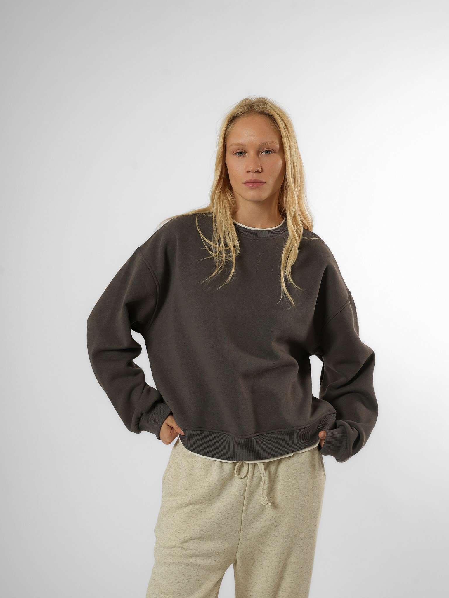 Basic Şardonlu Sweatshirt Antrasit-Ekru