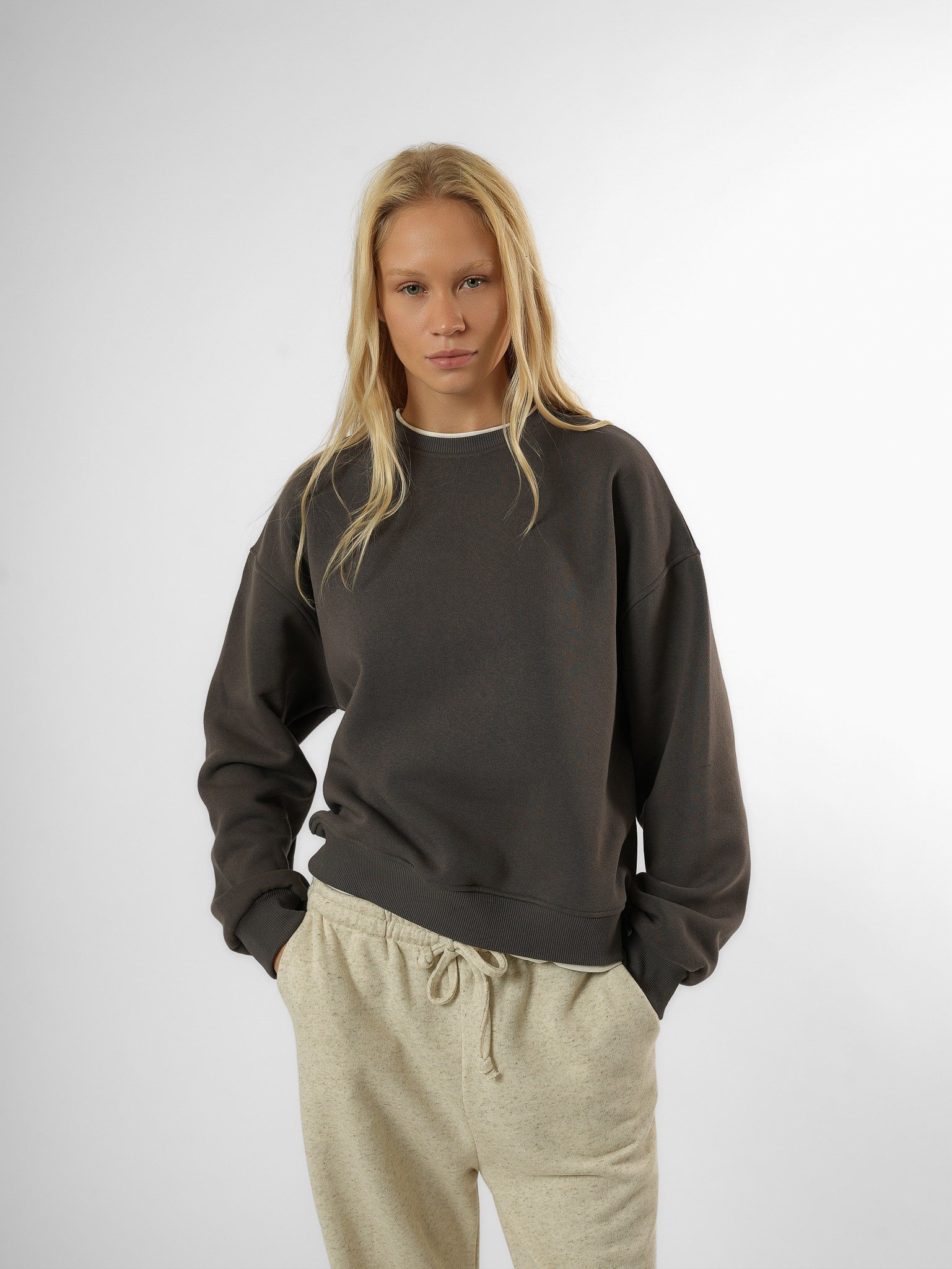 Basic Şardonlu Sweatshirt Antrasit-Ekru