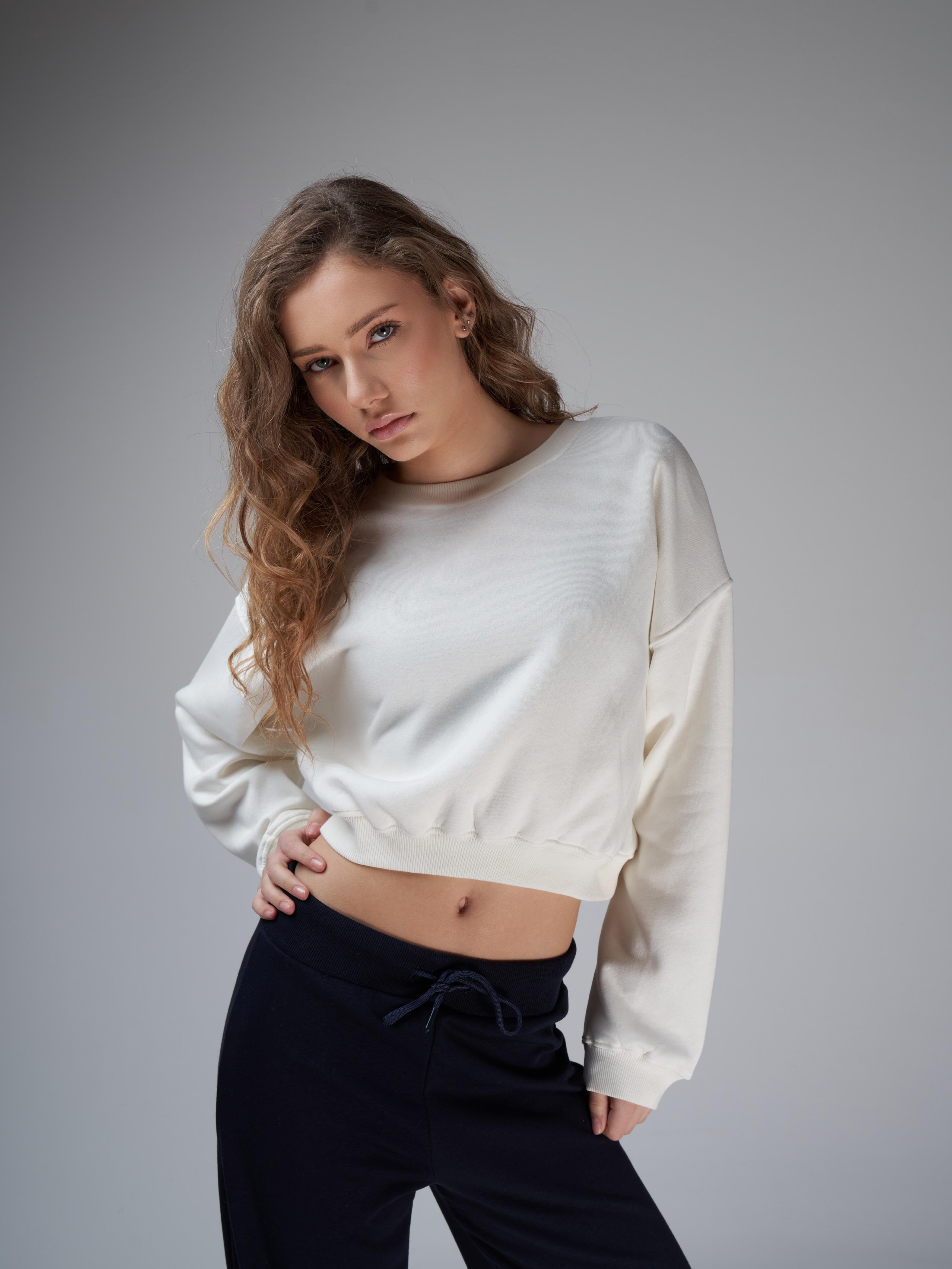 Basic Şardonlu Sweatshirt Ekru