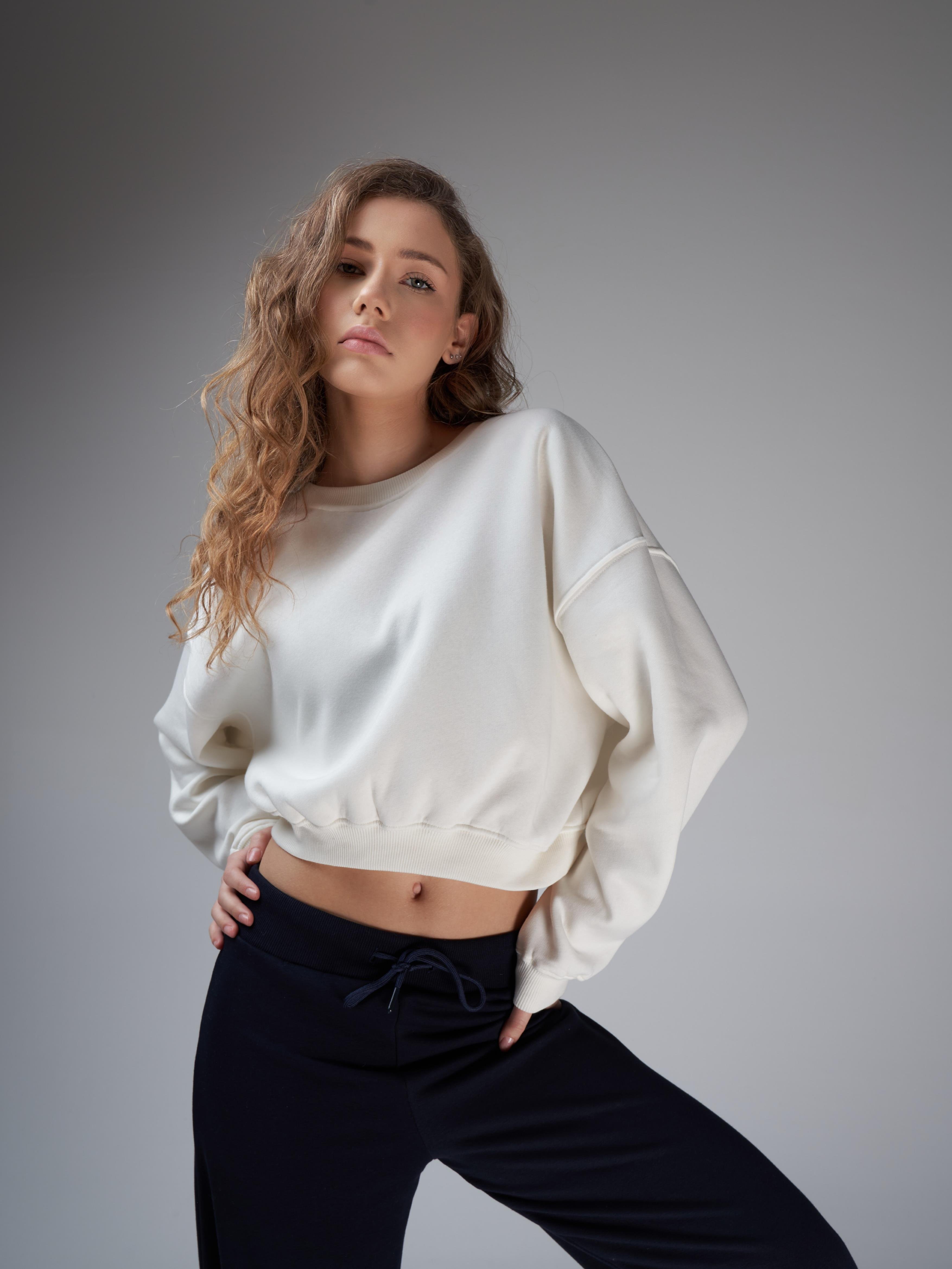 Basic Şardonlu Sweatshirt Ekru