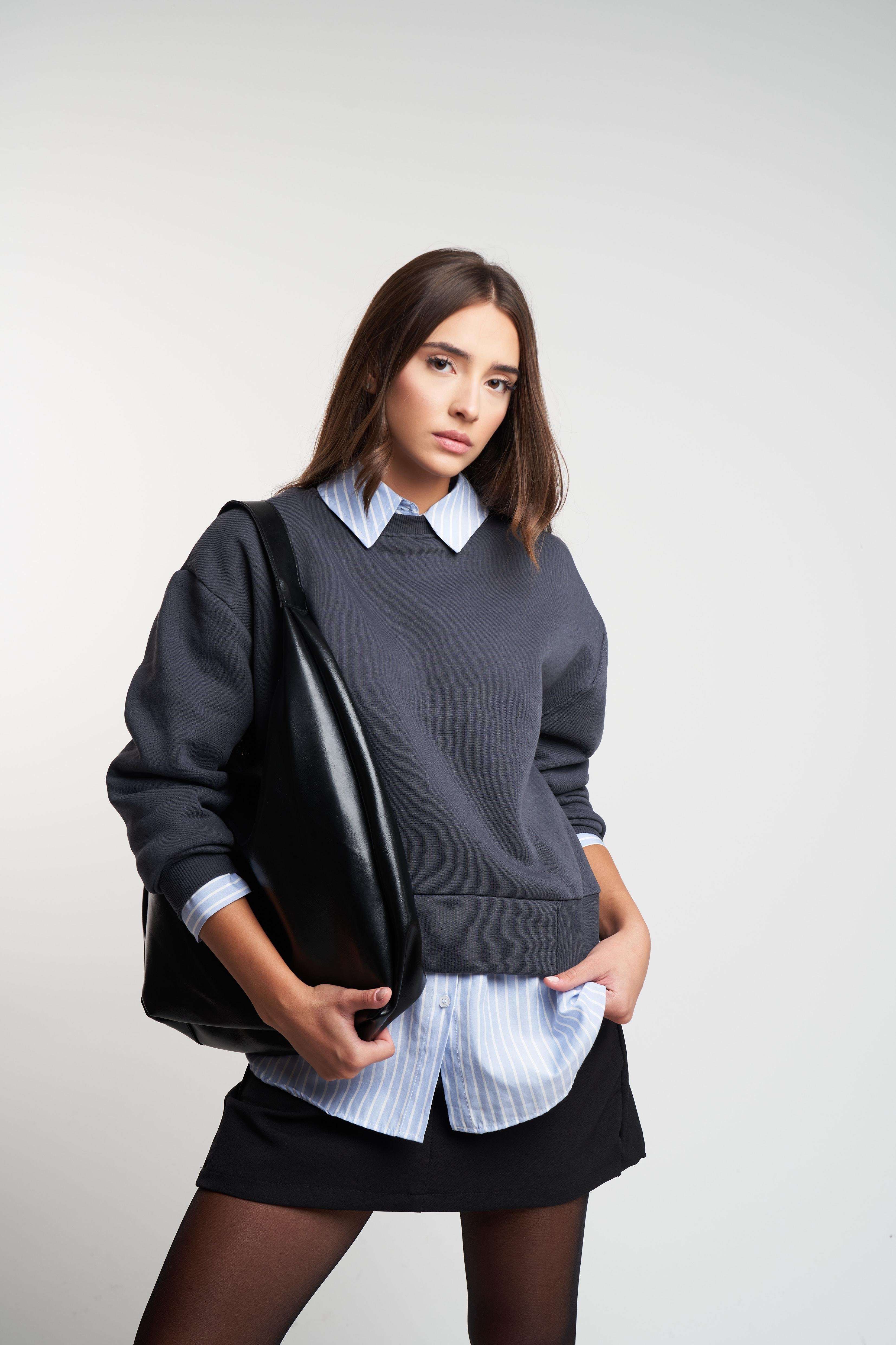 Basic Şardonlu Sweatshirt Füme