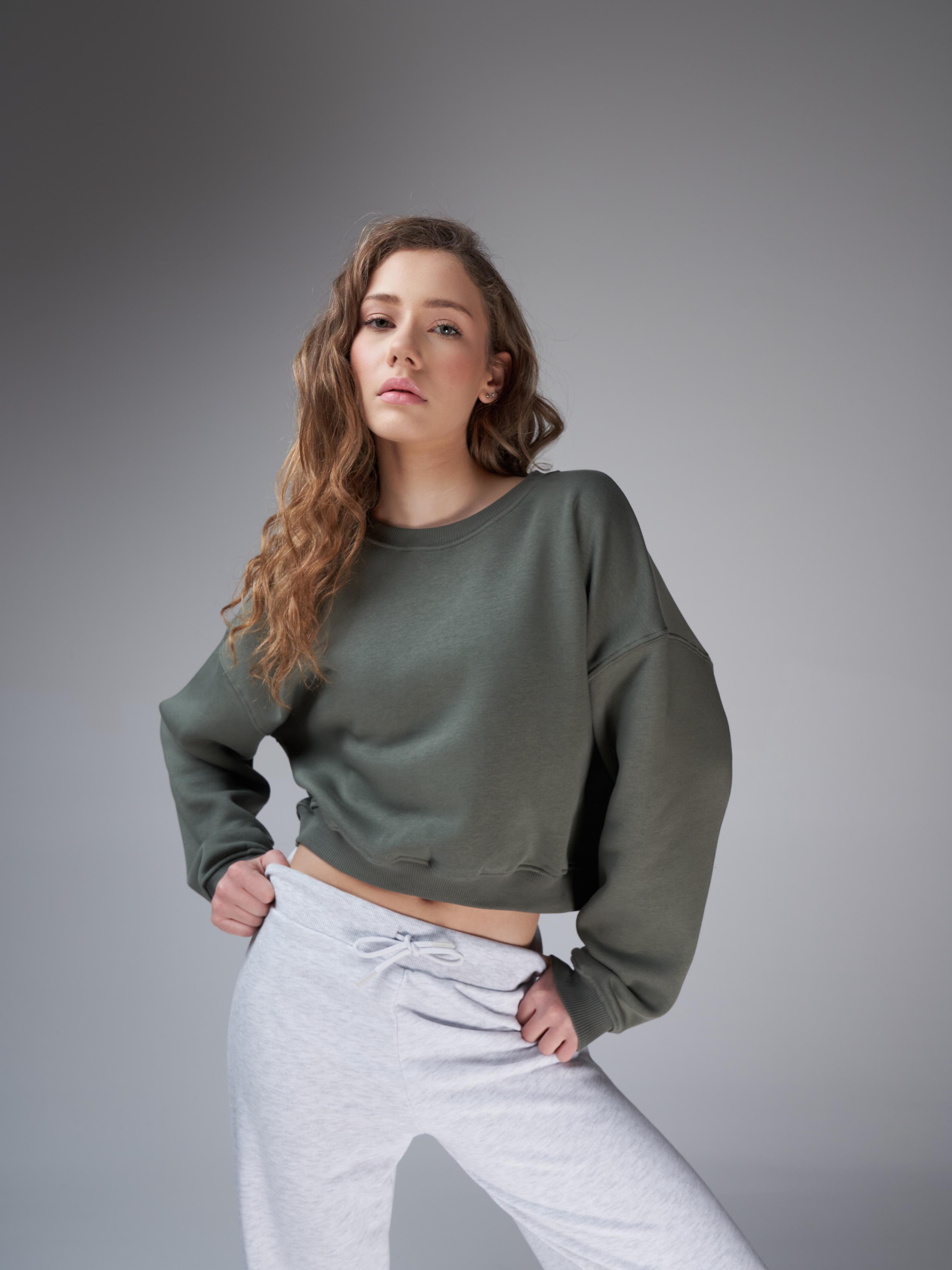 Basic Şardonlu Sweatshirt Haki