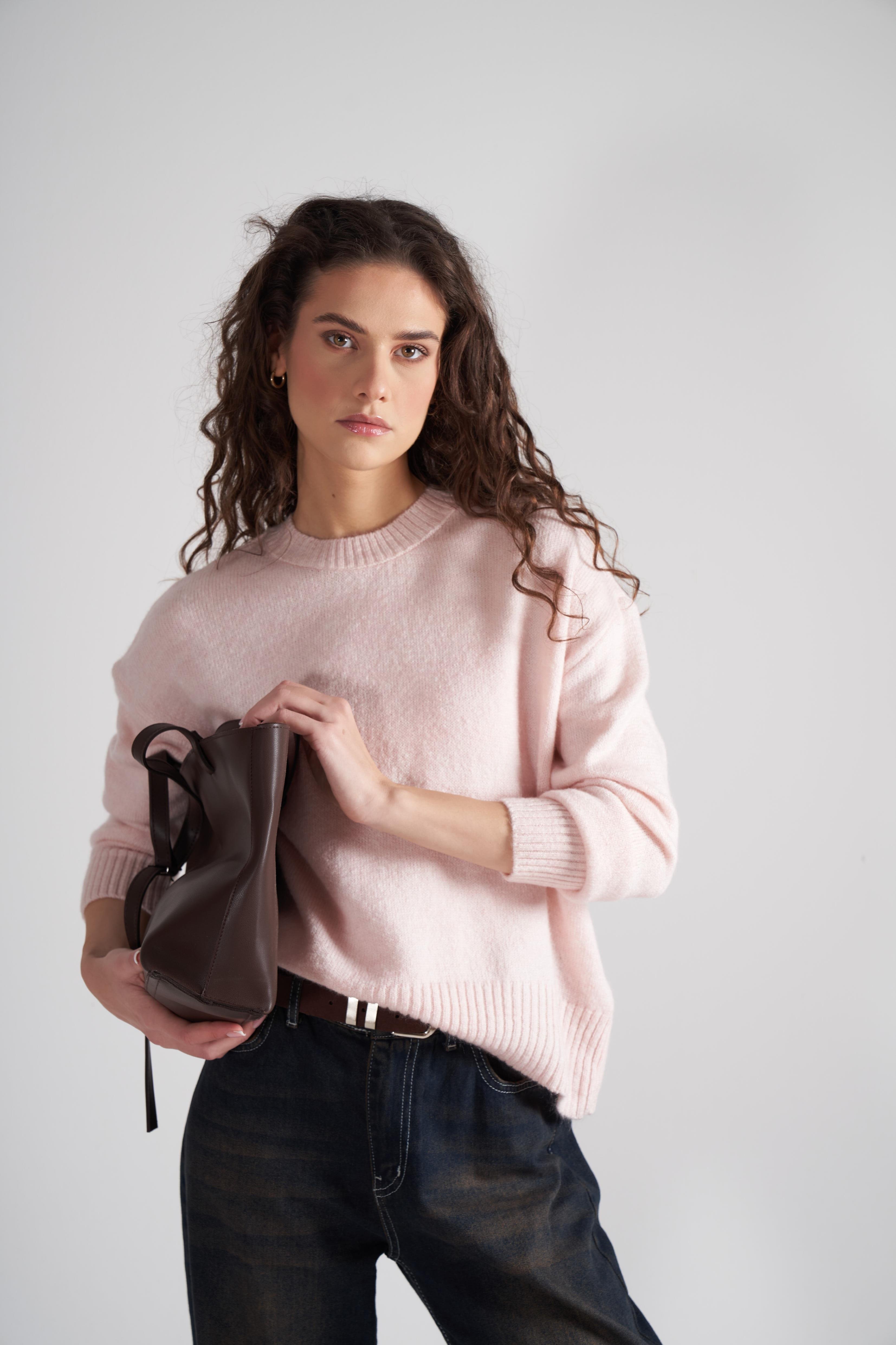 Basic Triko Kazak Toz Pembe
