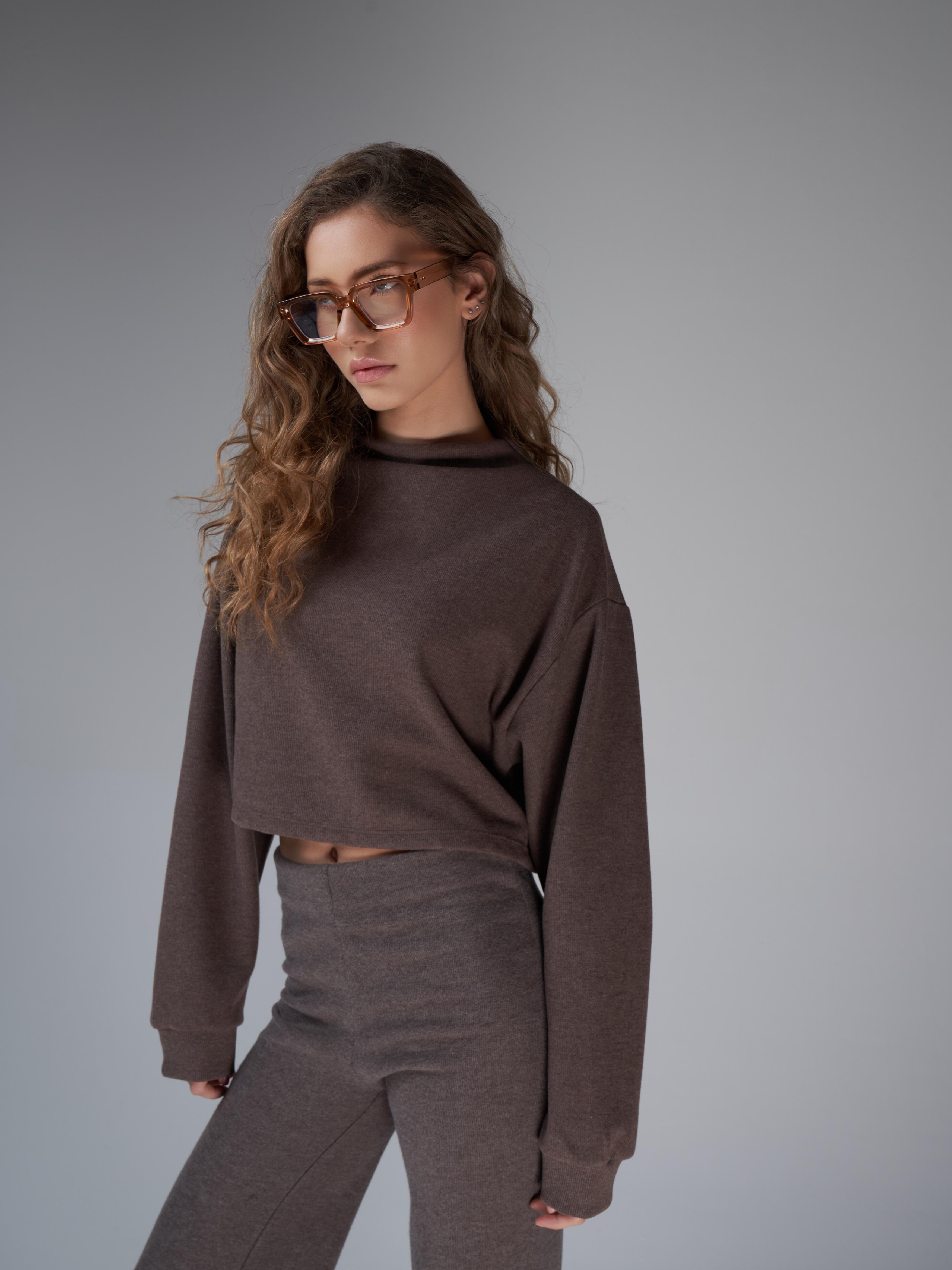Basic Triko Sweatshirt Kahve Melanj