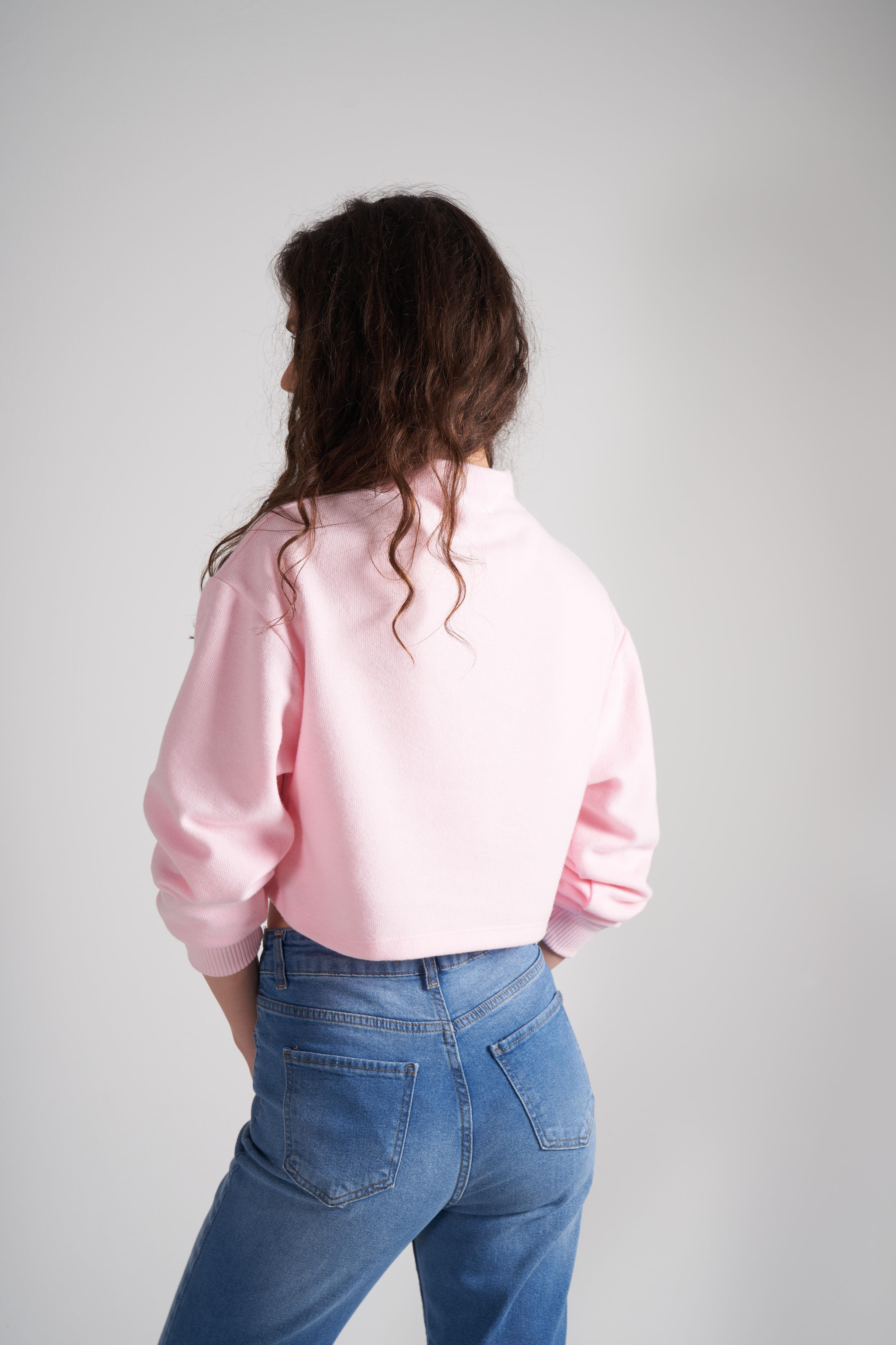 Basic Triko Sweatshirt Toz Pembe