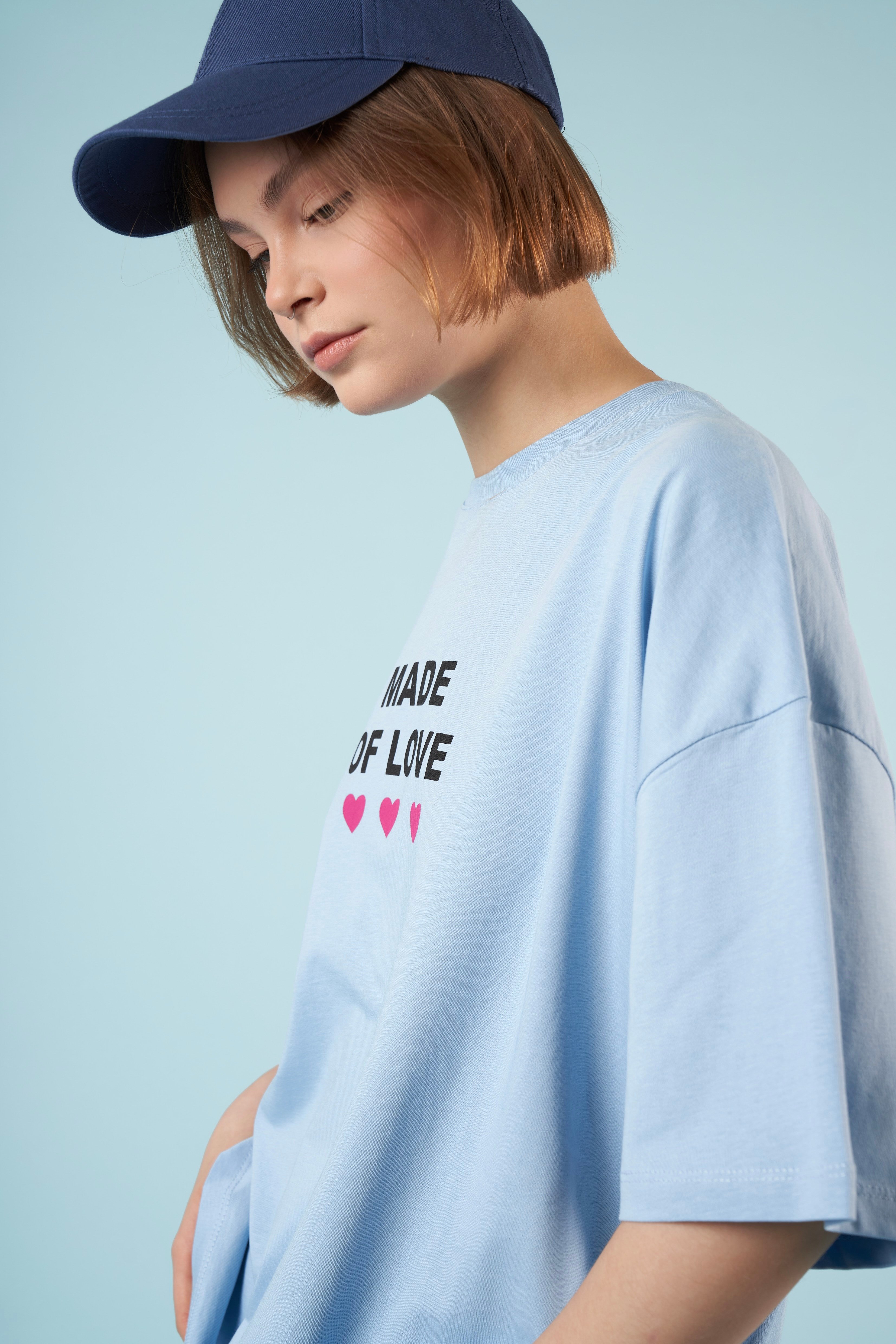 Baskılı Kısa Kol Oversize T-shirt Bebe Mavi