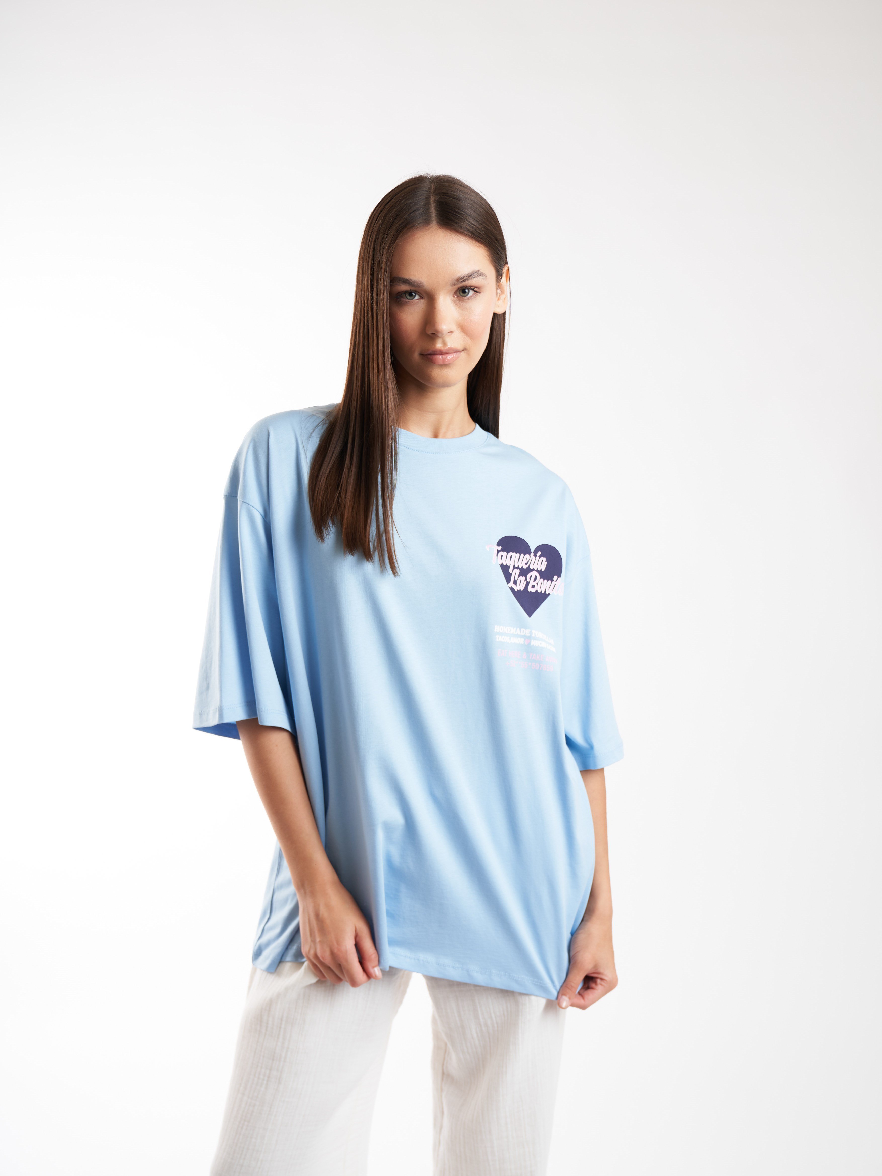 Baskılı Kısa Kol Oversize T-shirt Bebe Mavi