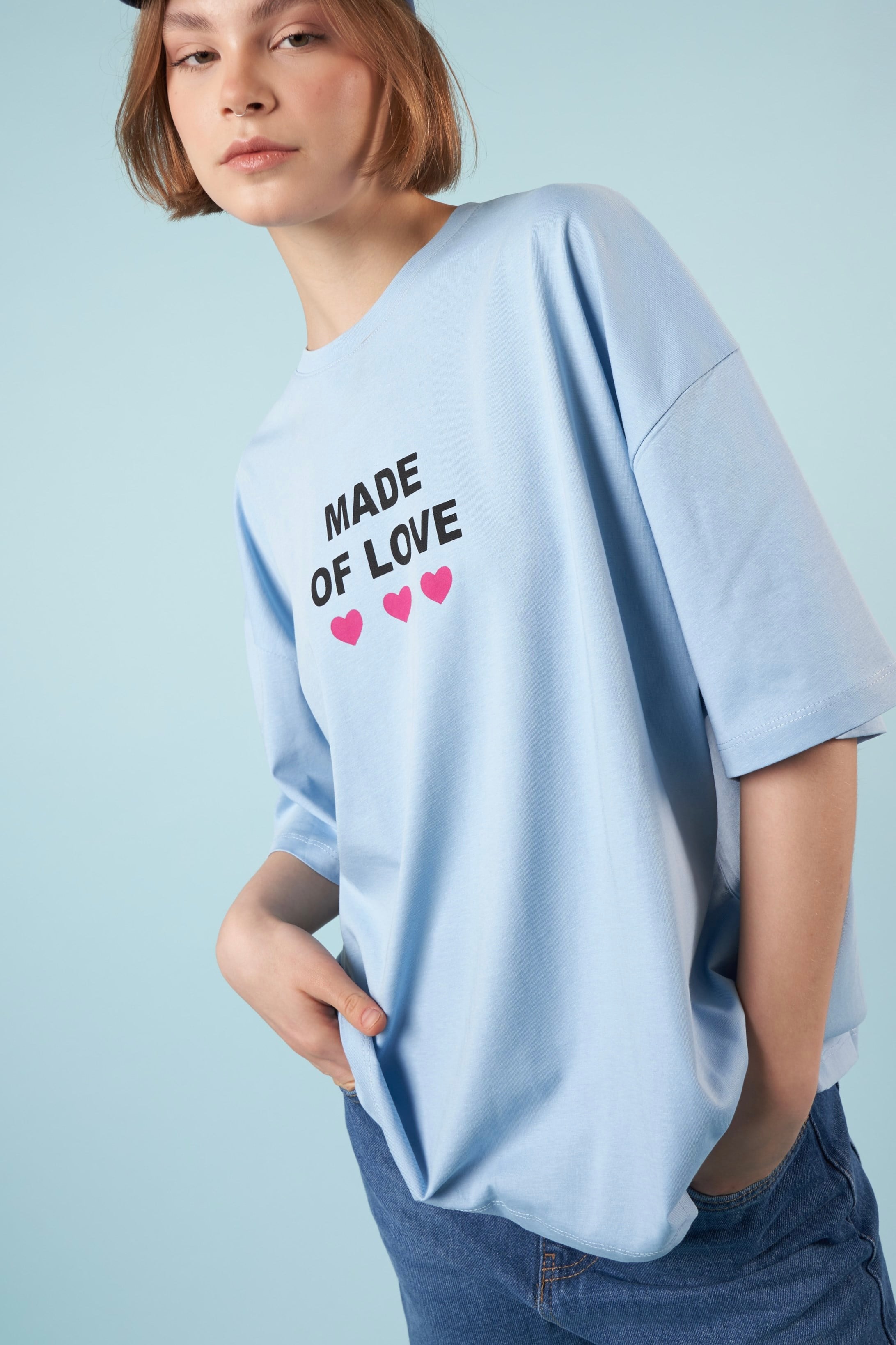 Baskılı Kısa Kol Oversize T-shirt Bebe Mavi