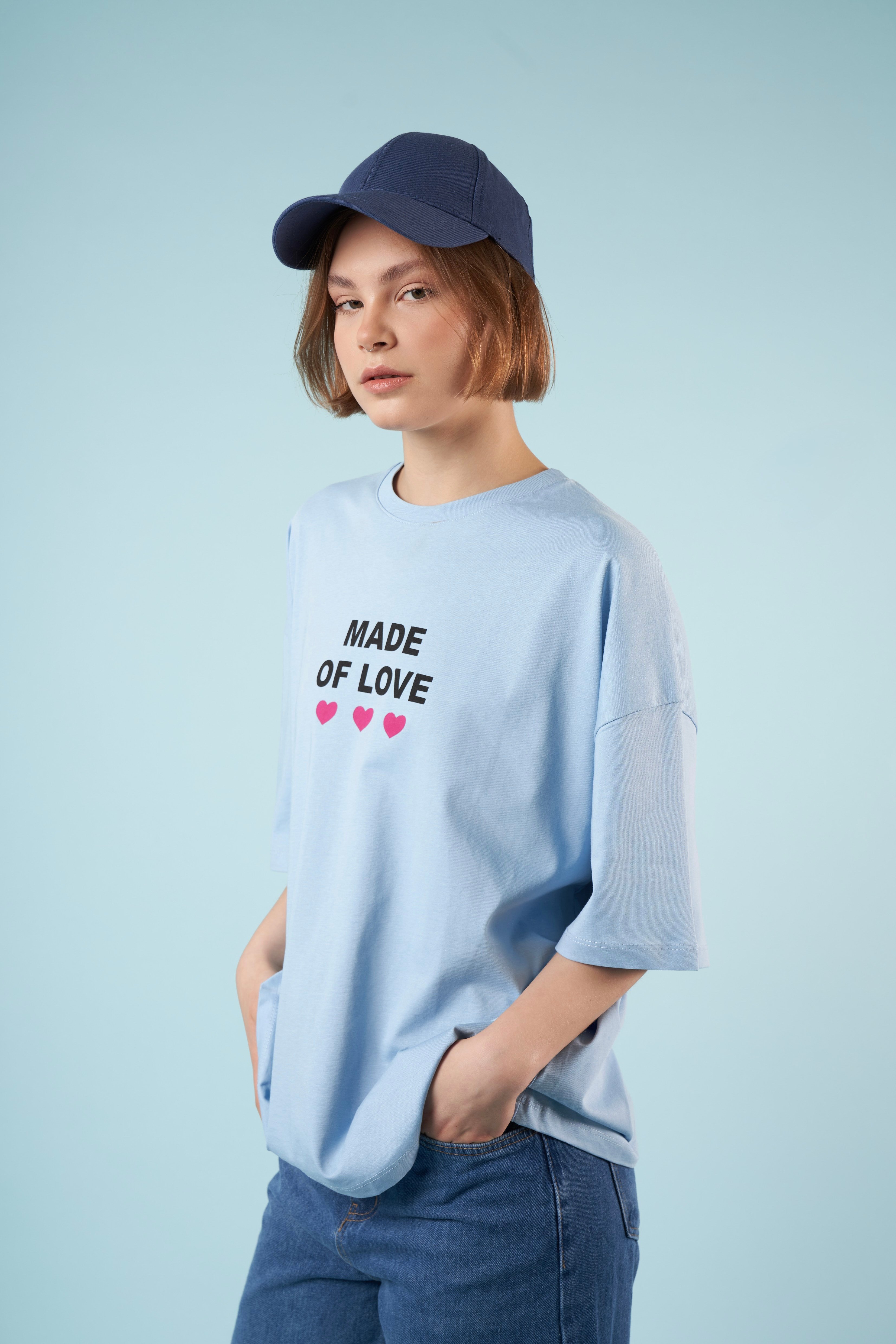 Baskılı Kısa Kol Oversize T-shirt Bebe Mavi
