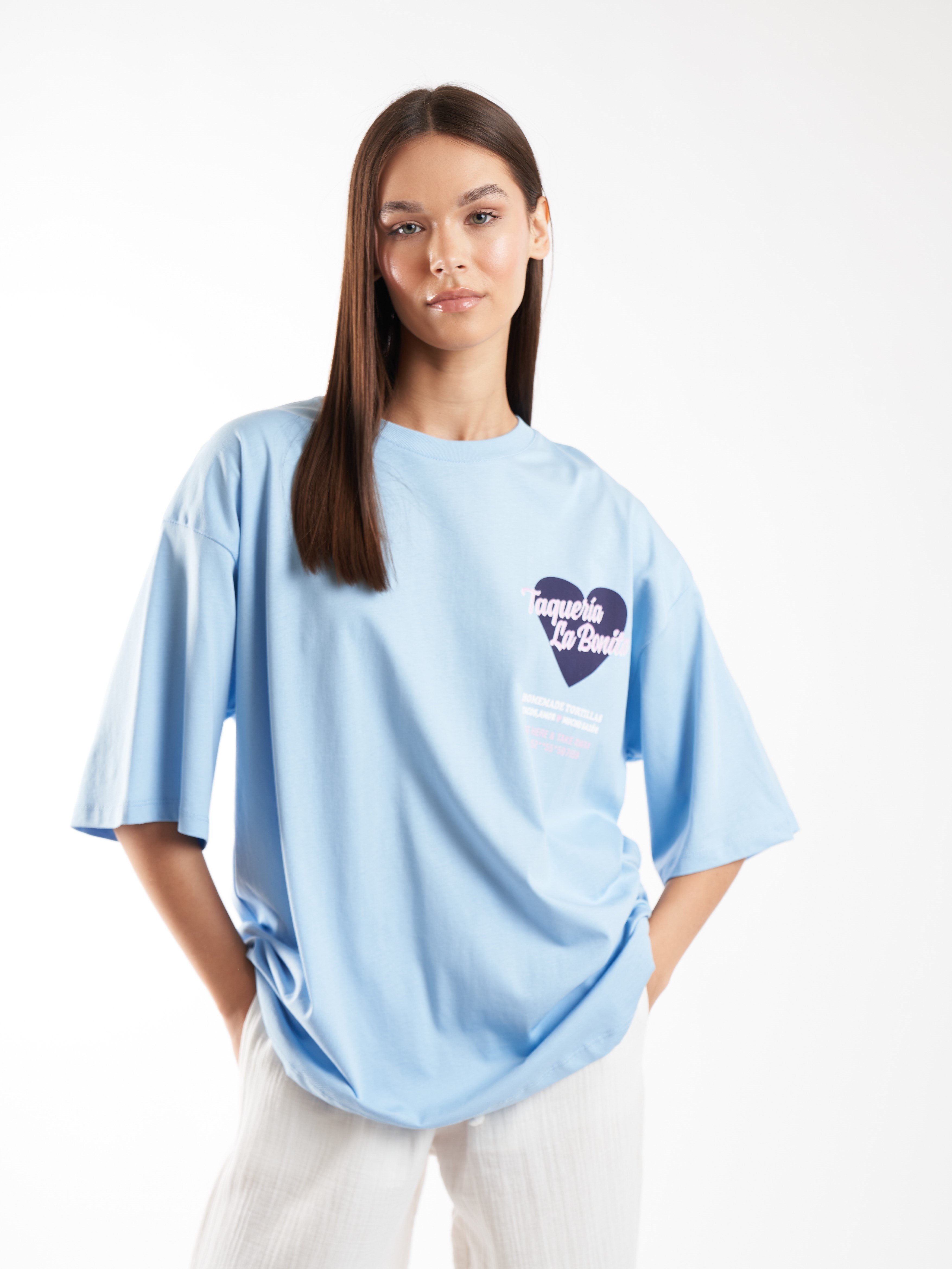 Baskılı Kısa Kol Oversize T-shirt Bebe Mavi